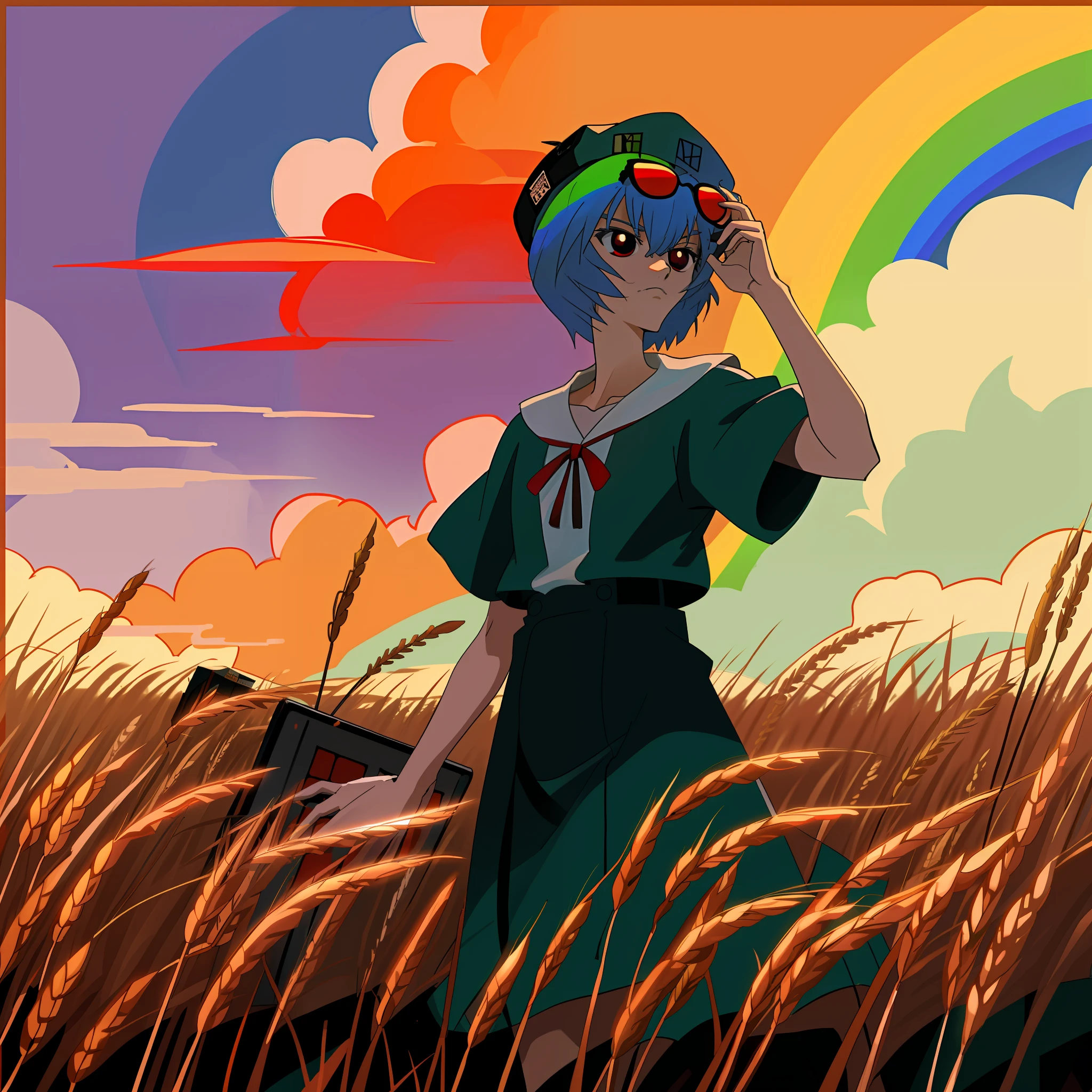 Anime style, A city in Dalí, Clouds, rainbow hair, briefs, Rubik's cube cap with 2 colors: white and black, Hands Behind Your Back, sunglasses on the head with red lenses, hat, Wheat field in the foreground, road sign, Looking Up, Sunset colors, detailing, Hideaki Anno Style