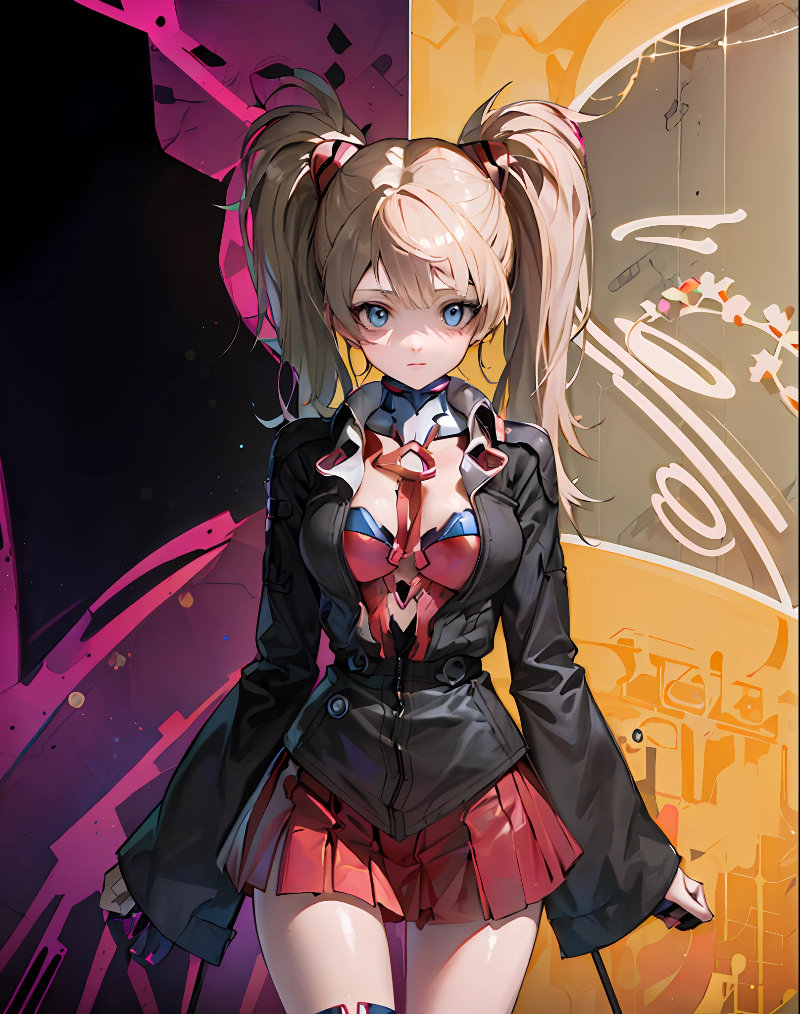 masterpiece, best quality, ultra-detailed, illustration, 1girl, highly detailed evangelion costume, (large robot background), detailed skin texture, beautiful detailed face, intricate details, ultra detailed