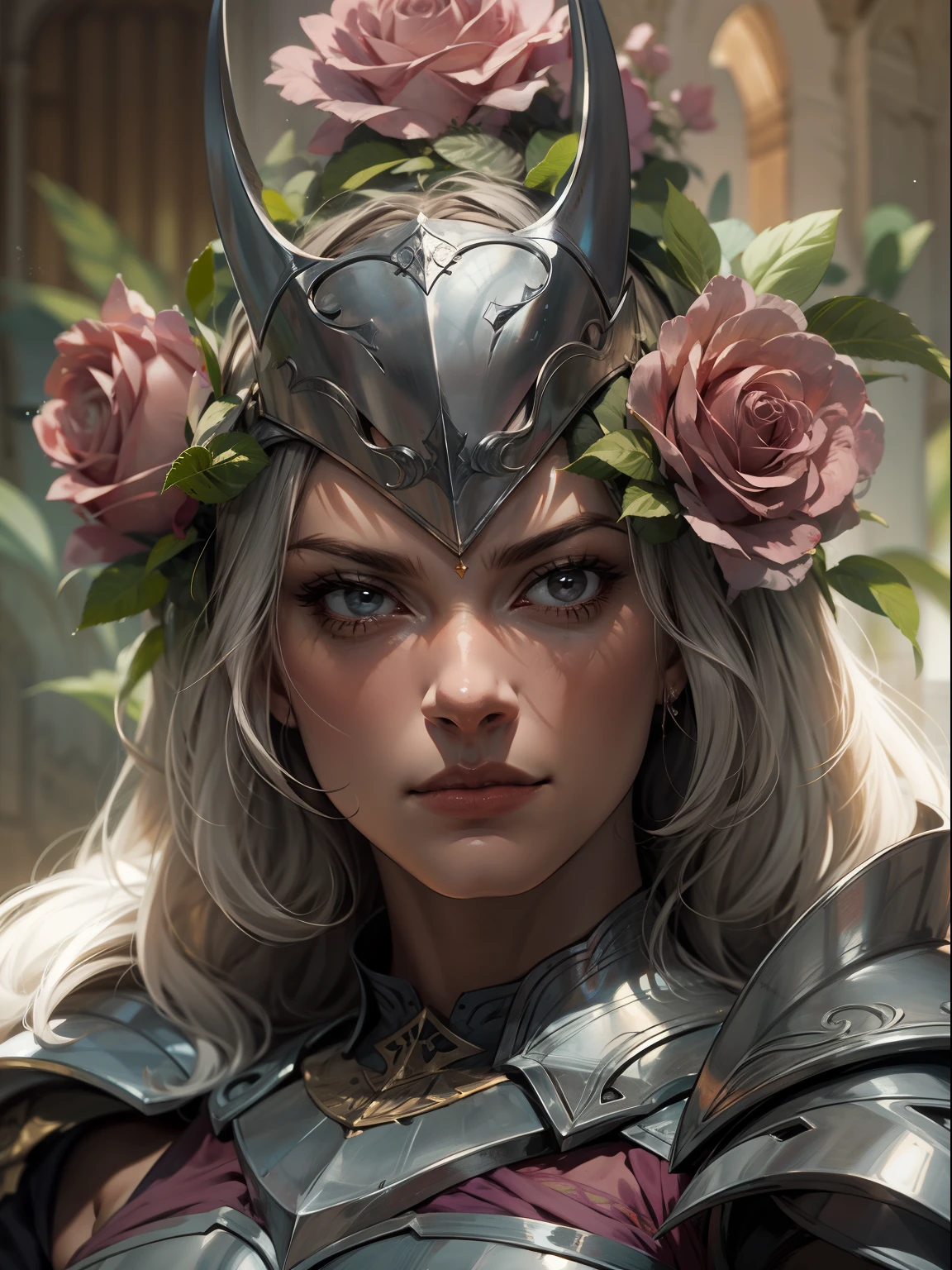 desenho de capa, princesa guerreira com armadura 
cor de rosa, expression serious, intensidade de close-up, master part, best quality, ultra-detalhado, Beautiful cinematic lighting, detalhes intrincados, Olhando para o Viewer, Profundidade de campo-AR 2:3-s 200