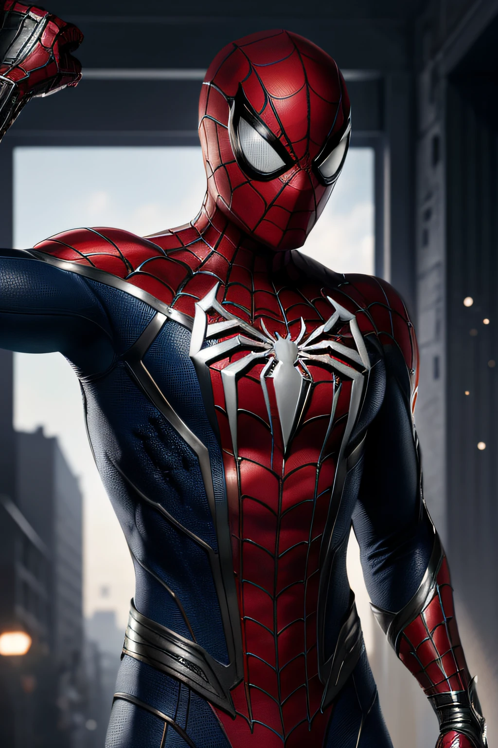 (8k, RAW photo, best quality, masterpiece:1.2), ultra detailed, official art, photo-realistic:1.37, upper body shot, marvel spiderman, film grain, action pose