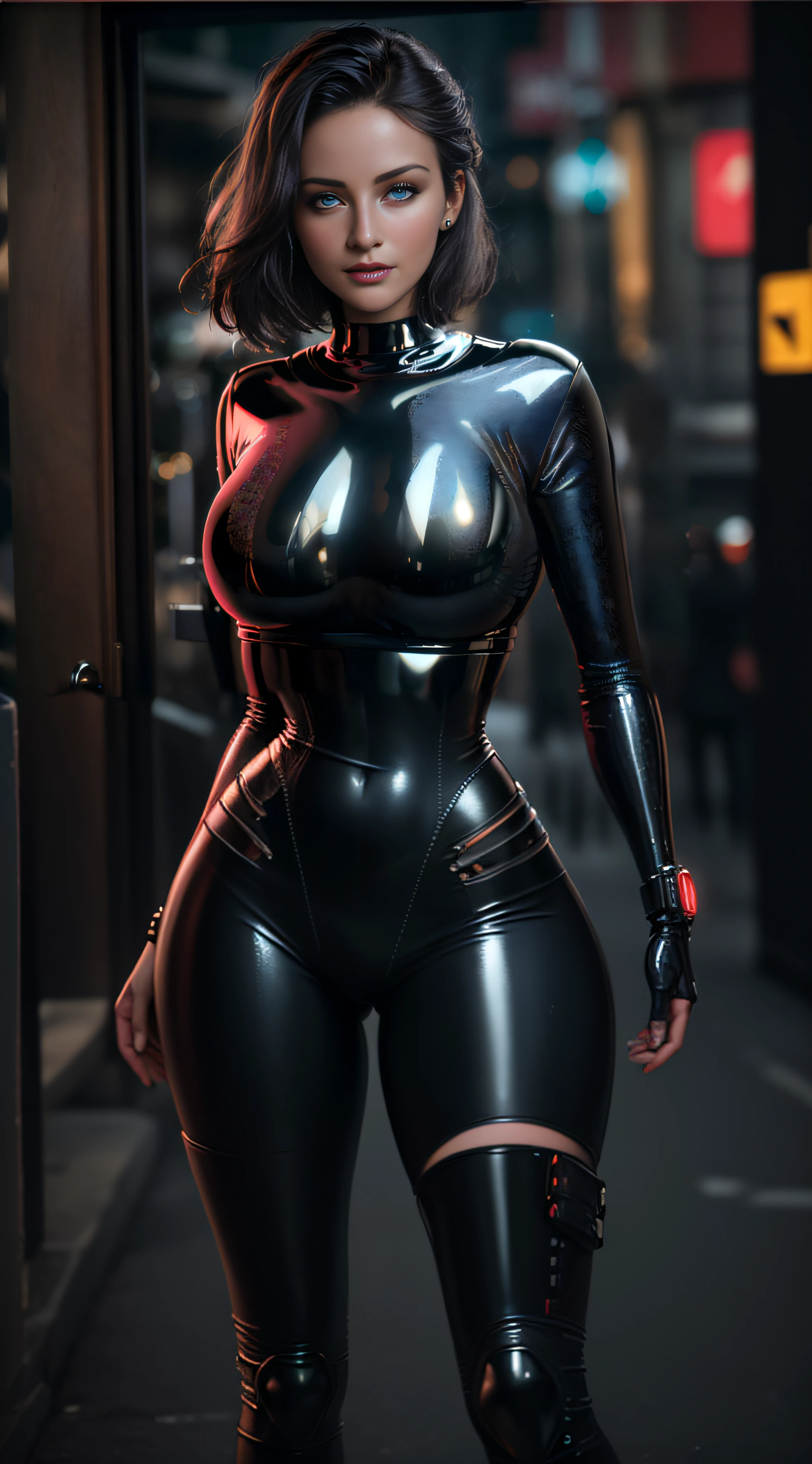 There is a woman in a shiny black latex outfit posing, ciborgue bonito, Cyberpunk 2 0 e. o modelo menina cyberpunk 8K ultrarrealista, menina bonitrgue, menina ciborgue bocyberpunk menina bonita, mulher anbonita, retrato bonito sci - fi girl, beautiful female android, menina android perfeita, modelto da mulher cyberpunk