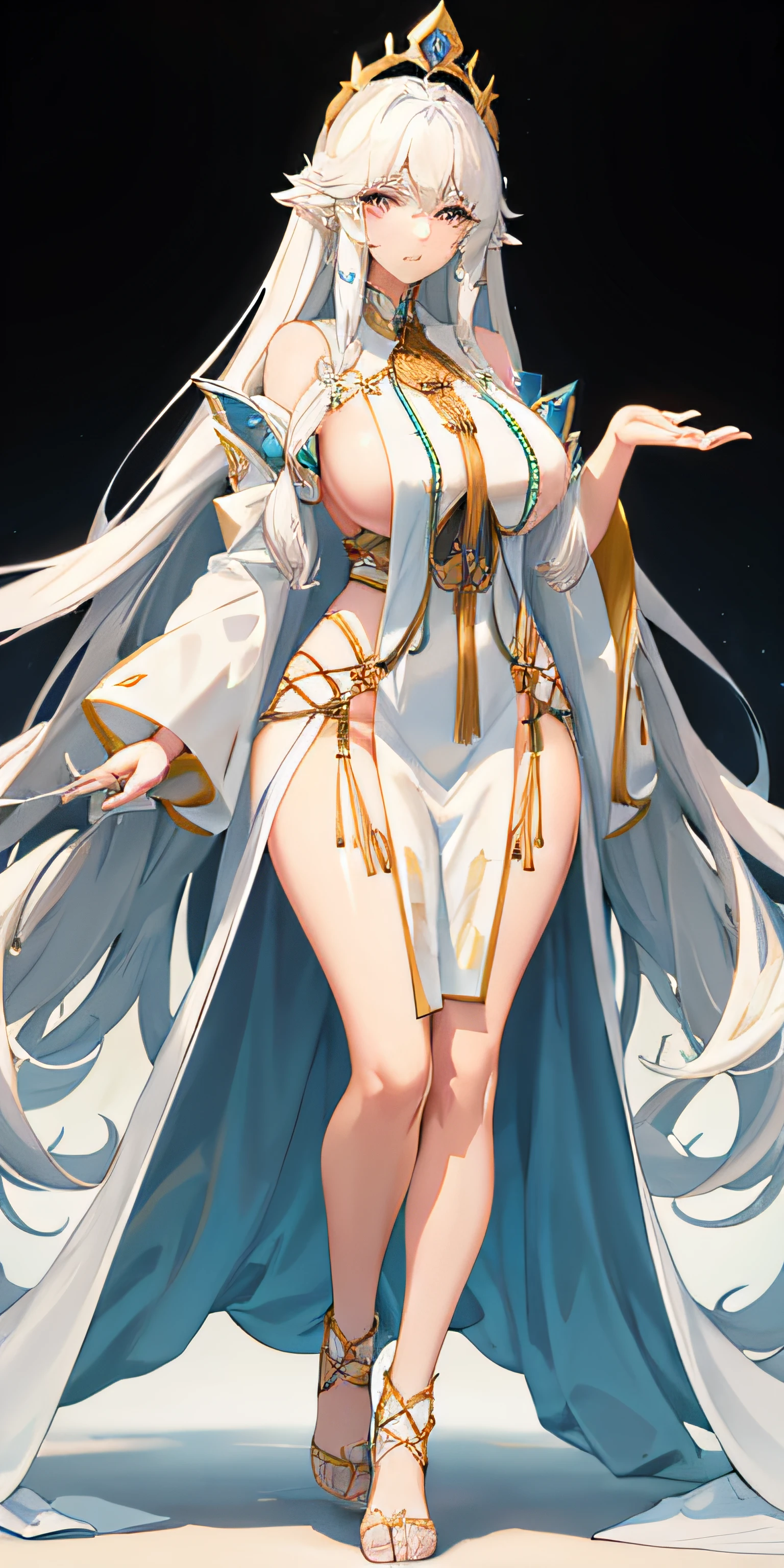 Tall, voluptuous, female, long white hair, flowing revealing robes