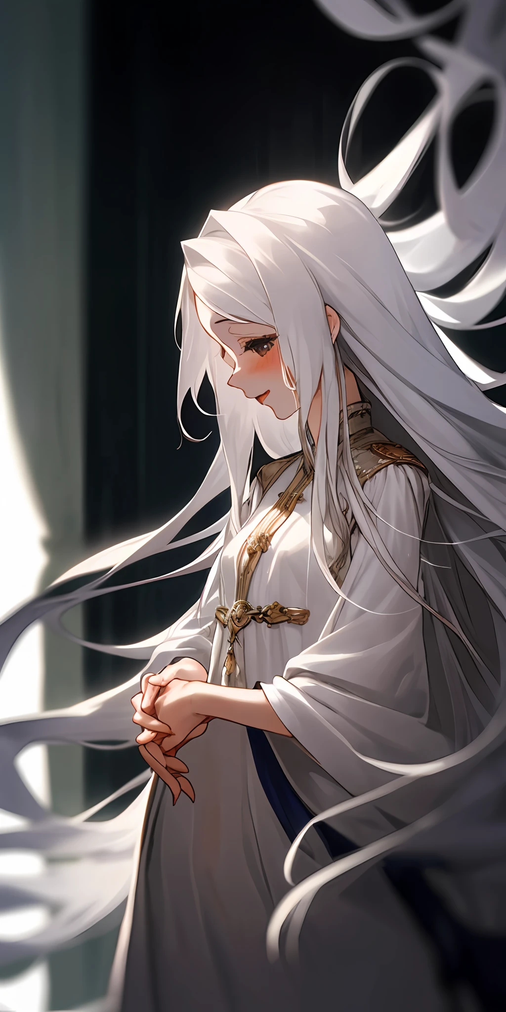 (tmasterpiece,best qualtiy),1 girl with long white hair,Her hands were on her lower body,white dresses,Blurred foreground,Masturbation