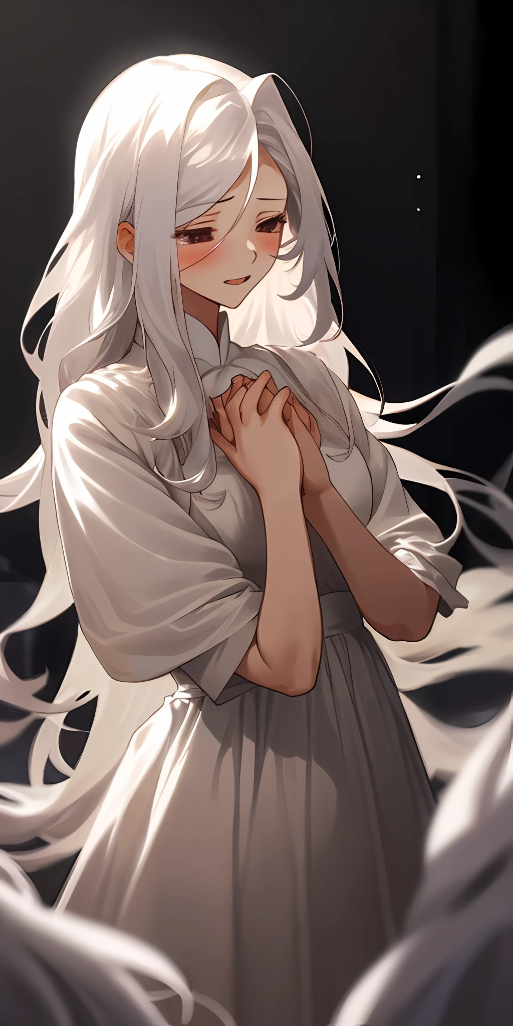 (tmasterpiece,best qualtiy),1 girl with long white hair,Her hands were on her lower body,white dresses,Blurred foreground,Masturbation