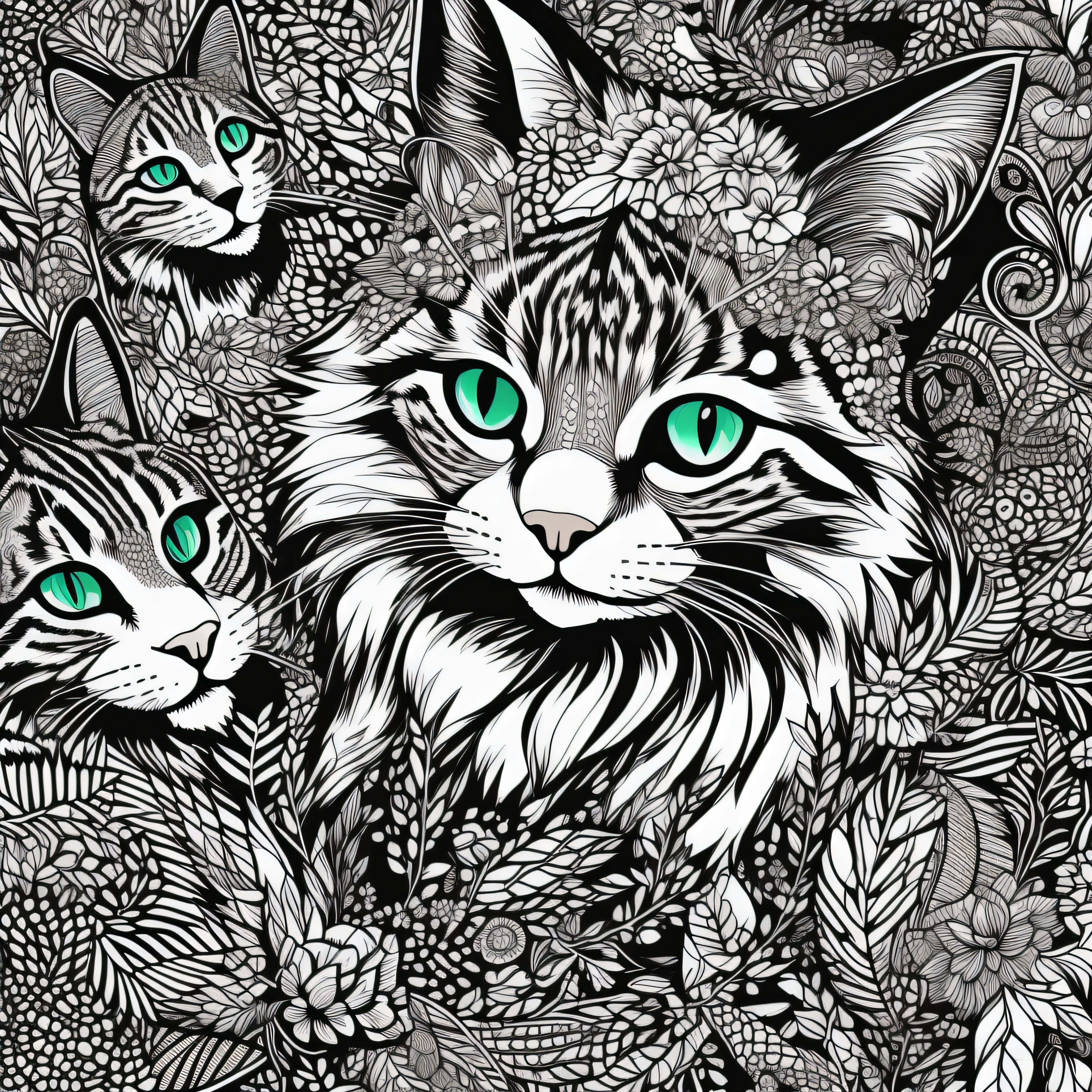 Livro para colorir para adultos, fundo branco, Linhas conectadas, super detalhes de linhas, simetria, um desenho preto e branco de um gato, gato detalhado, Anthropomorphic Large M..Aine Coon, arte vetorial altamente detalhada, Highly detailed illustration, design do gato, anthropomorphic lynx, highly detailed and hypnotic, pelo intrincado detalhado, high detailed illustration, Fluffy Cat T - Design de camisa, arte vetorial em preto e branco, Highly detailed illustration. trabalho de linha grossa, Great standards, negative space, thick pattern, sem fundo preto, Cute forest pattern background, desenho, nenhuma parte colorida, Efeito mandala, mandala, arte de linha fina de tinta estilizada, vetor, Adobe Illustrator, .......eps, African pattern, tela cheia, Tecido proporcional, --Estilo "Inspirado em Johanna Basford", --artistic_Level "High", --livro "Livros Secretos", criar_........ai_Colorir_livro, --AR 16:9 --upbeta --s 750"