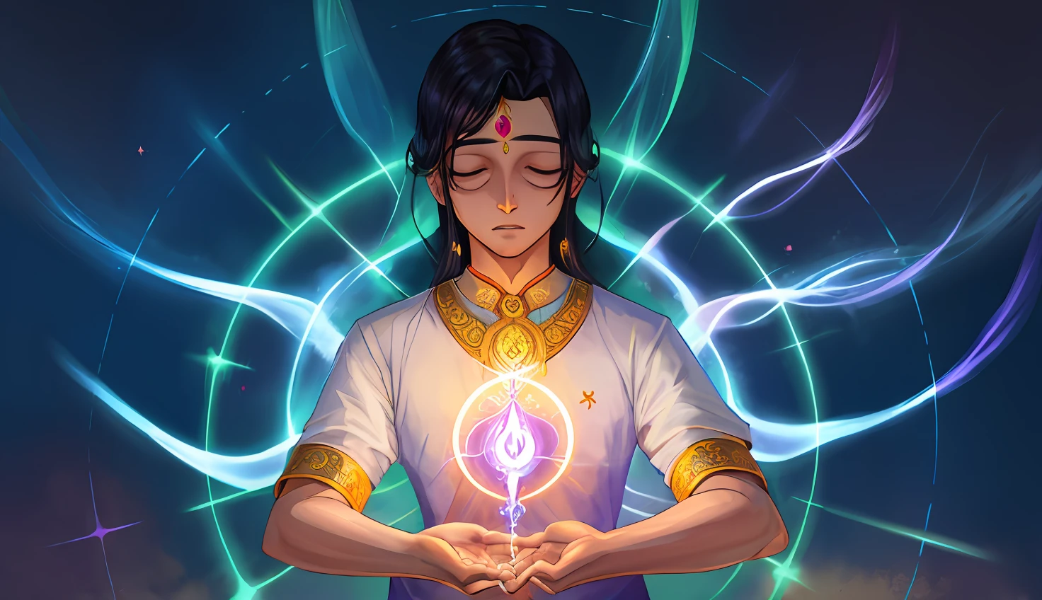 Rajiv praticando Reiki em si mesmo, feeling the universal energy flow through your hands and heal the blockages that prevent you from achieving enlightenment.