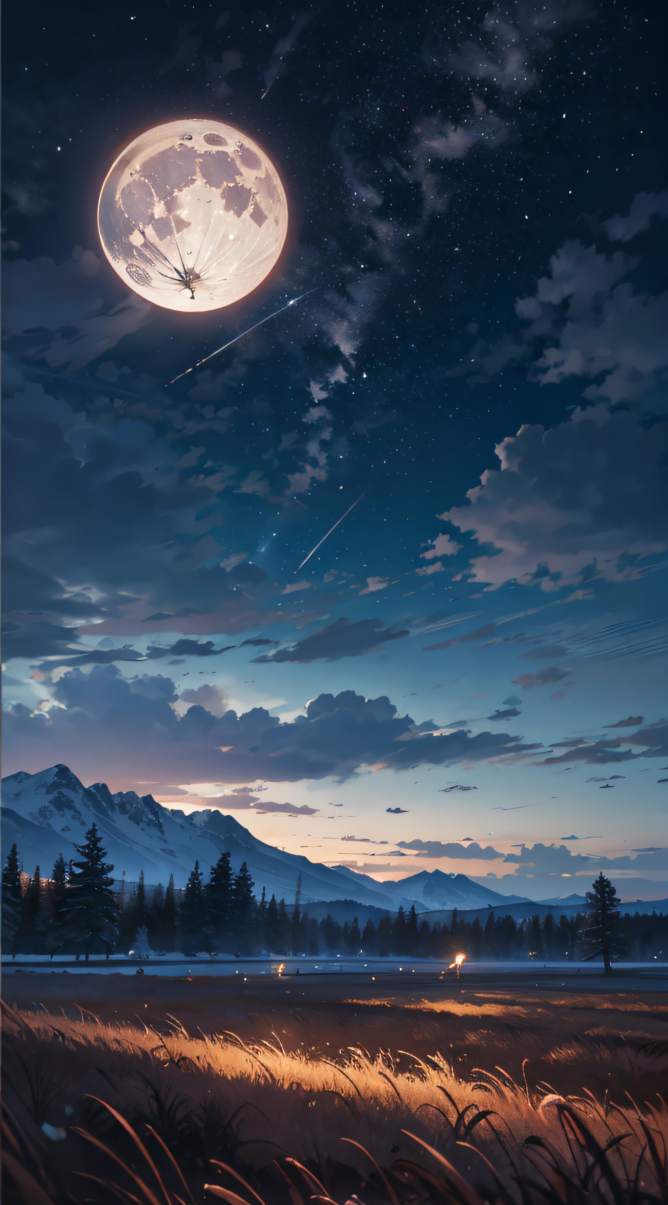 Expansive landscape photograph,(look from down,Above is the sky,Below are open fields),(moon full:1.2),(meteors:0.9),(Starcloud:1.3),Far Mountain, Tree BREAK making art,(Warm light source:1.2),(glowworm:1.2),lamp lights,Lots of purple and orange,Complicated details,Volumetriclighting,Realism BREAK(tmasterpiece:1.2),(best qualtiy),4K,Ultra-detailed,(dynamic compositions:1.4),The is very detailed,Colorful details,(Irridescent color:1.2),(luminouslighting,Atmospheric lighting),dream magical,magical,(独奏:1.2),((best qualtiy)), ((tmasterpiece)), (the detail:1.4),depth of fields,maximum definition and sharpness,perfectly proportions,Fluttering clouds,Wallpapers