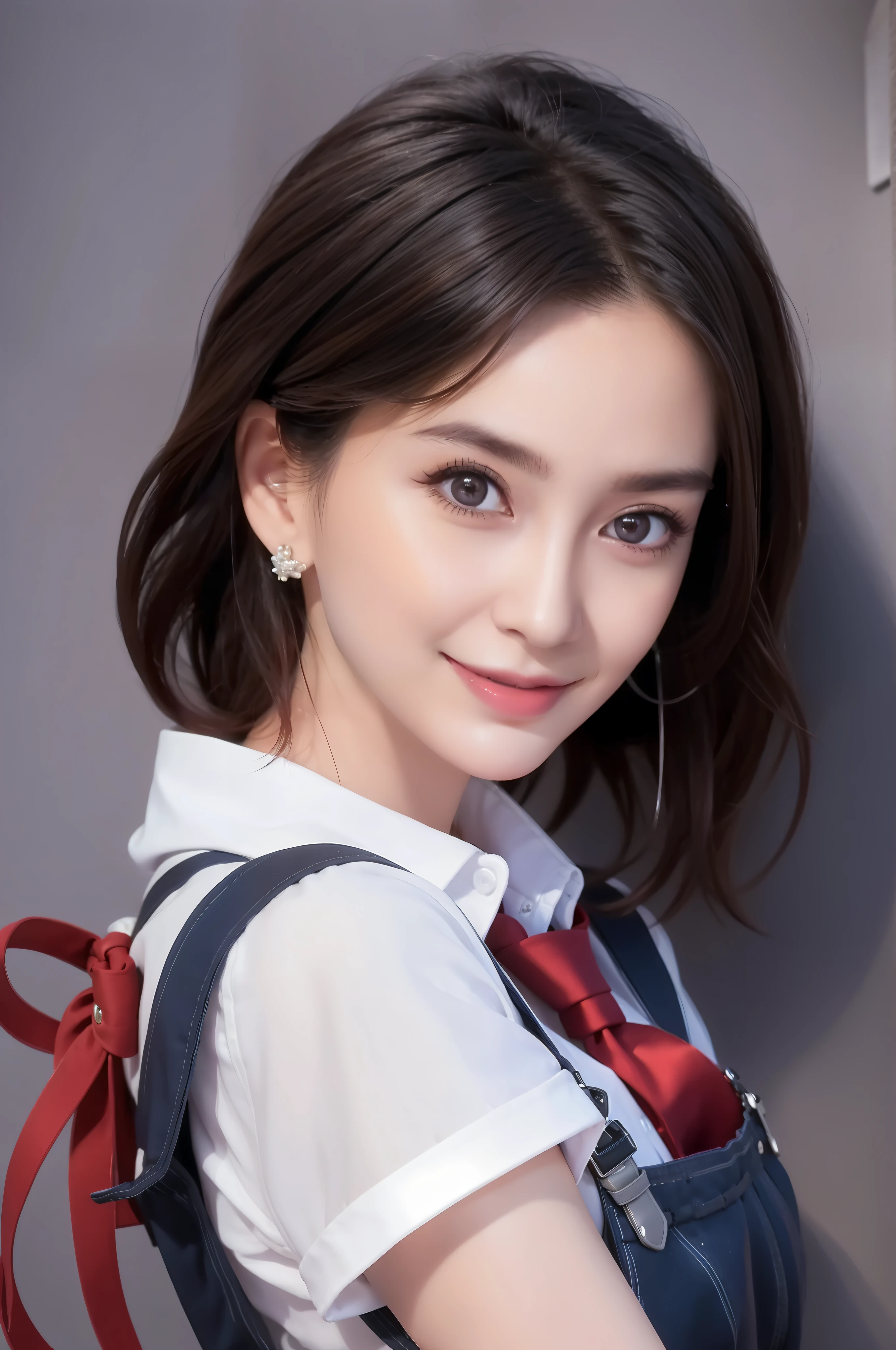 Best quality,Masterpiece,Ultra HD digital photos，solo portrait，one-girl，Wear bar overalls，red necktie，Short black hair，ssmile，looking at the camera in，simplebackground，