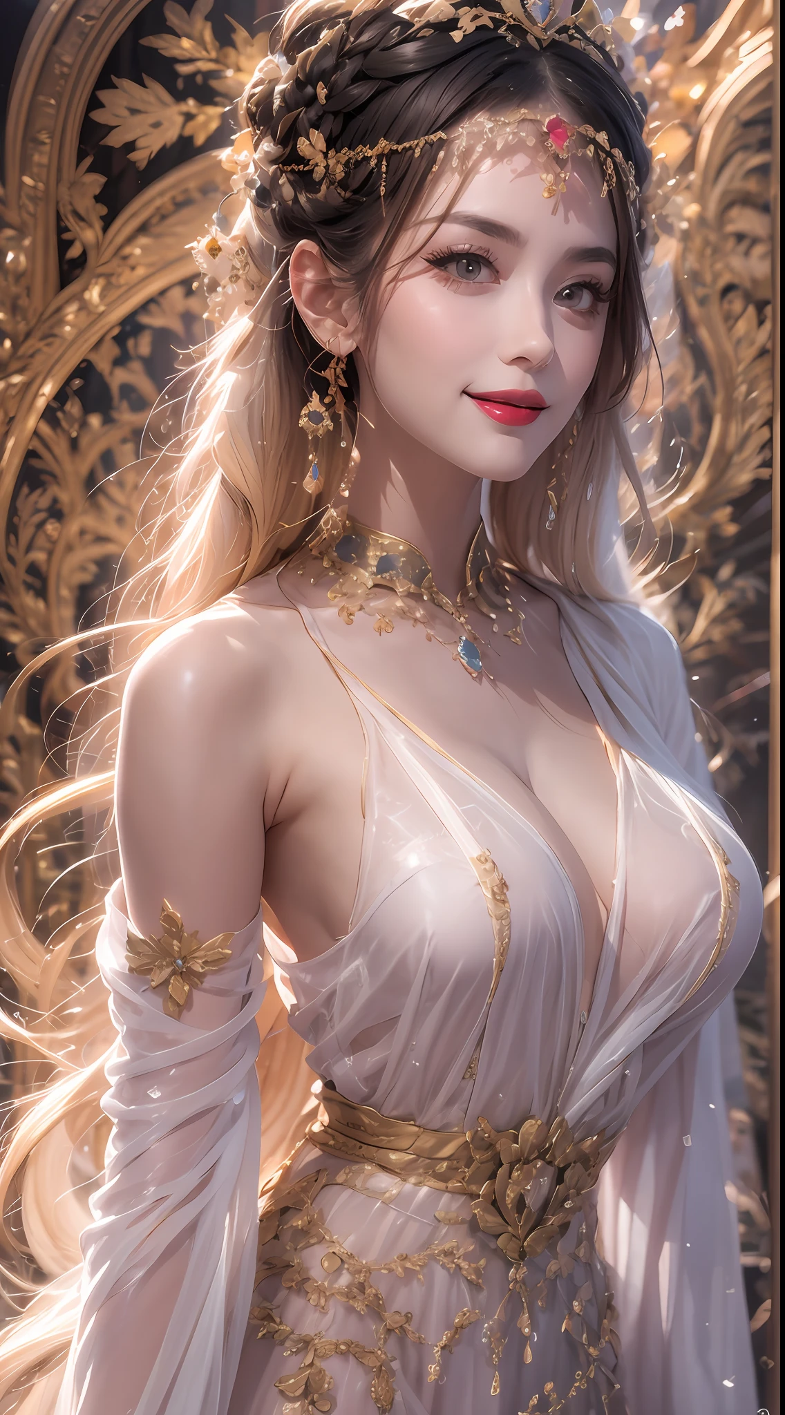 Portrait of a 27-year-old saint,Charming adult saint in a long dress made of thin silk, beautiful saint with an old face, adult, wearing a thin multicolored silk dress, beautiful face without blemishes, (((Smile gently:1.4))), ((7-color hair length:1.2)), big crown, hair brooch, hanfu dress, chinese ancient style, full body jewelry, forehead tattoo, super even chest, face, innocent face, The most beautiful and detailed light red lipstick, ((Thin plump lips:0.3)), delicate pink and white eyes (white and detailed) cinematic, light and dark, dramatic lighting, magical light, extremely detailed light, true color, super sharp, realistic, 8k quality, fantasy universe background, saints and magical space, the most detailed images, ((Solo:0.3)), ((a saintess:0.6)), ((looking directly at the saint's upper body:0.4)), ((smooth skin:0.5)),