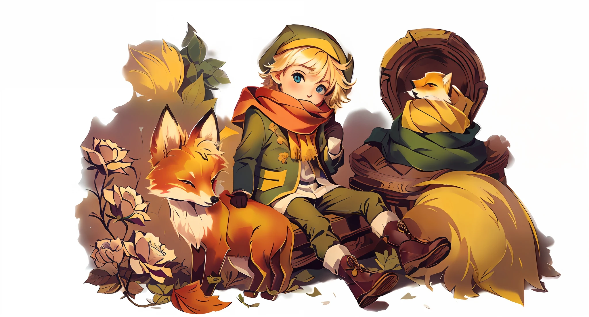 simple background, blonde boy, 1boy, a prince, green outfit, yellow scarf, 1fox, friends, children's illustration, cute, masterpiece, red roses