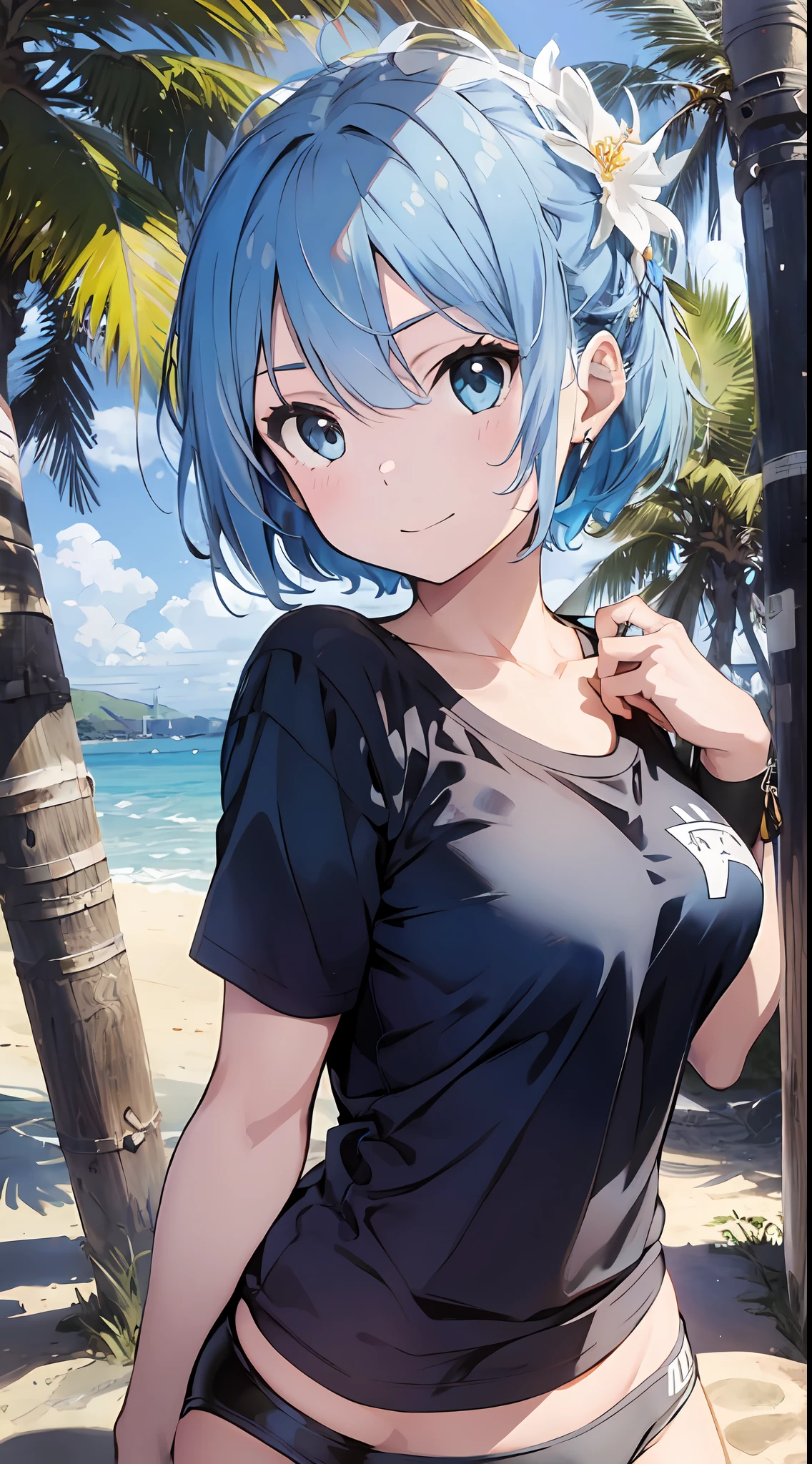 1girl, solo focus, type moon style, Kyoto animation style, short hair, (blue hairs:1.7), blunt bangs, hair between eyes, Clear eyes, sidelocks, white hair, shiny hair, beautiful detailed cold face, seductive smile, angry, complex details beautiful and delicate eyes, bare_shoulders, small_breasts, gray eyes, white skin, hair ornament, (((T-shirt))), swim ring, swimsuit, beautiful bare back, sandals, skindentation, collarbones, bare_legs, beach, beautiful detailed sky, White sand, tree, very precise detailed, absurdres, extremely detailed, 16k wallpaper,remrezero