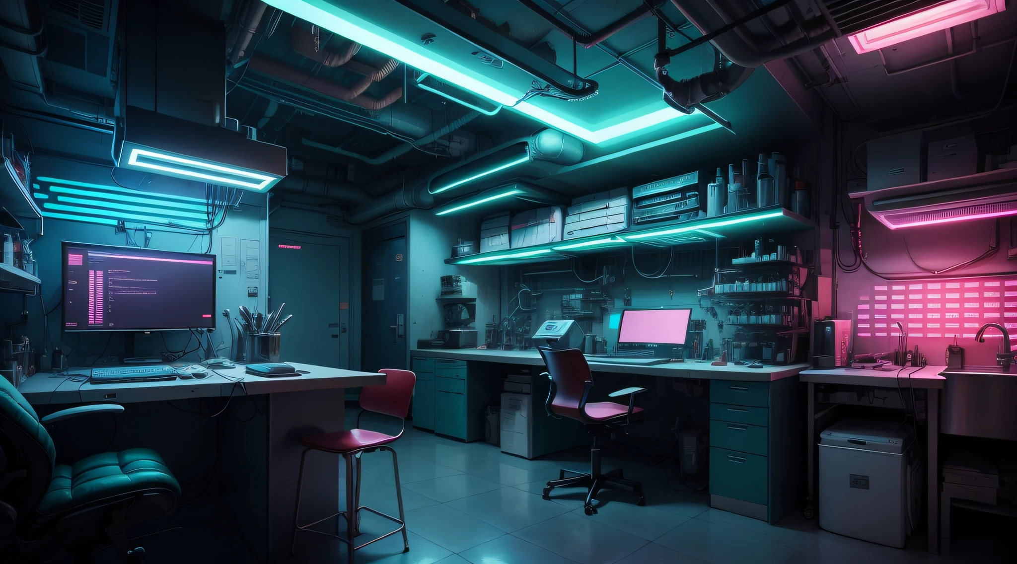 Cyberpunk background of a scientist lab, futurista, realista, com cabos soltando faisca, desfoque