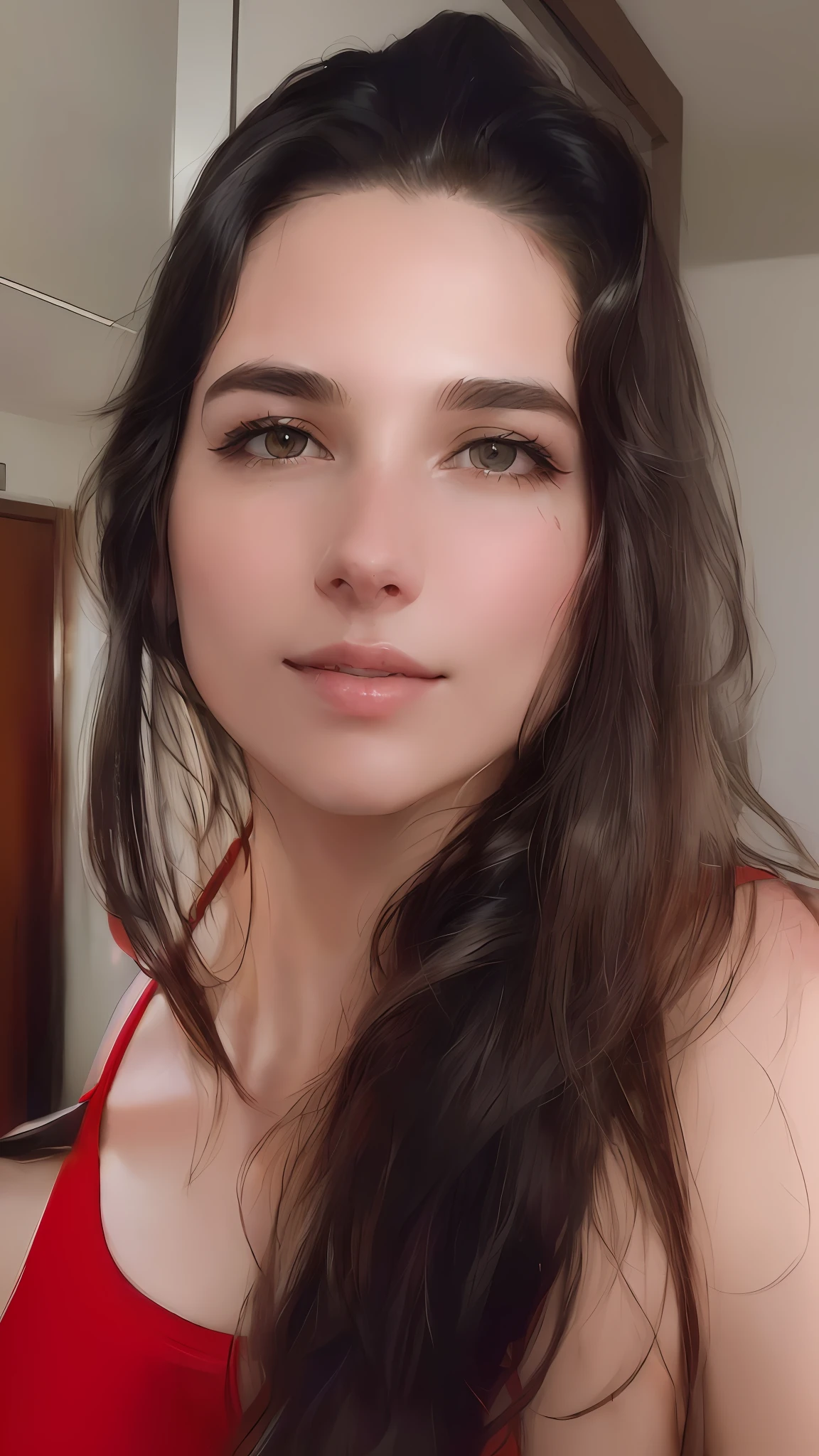 There is a woman with long hair and a red top, sem maquiagem, cerca de 3 5 anos, 3 0 anos de idade mulher, Mulher de 30 anos, (38 anos), 3 2 anos, 38 anos, 2 8 anos, 2 9 anos, 2 7 anos, imagem frontal, 3 6 anos