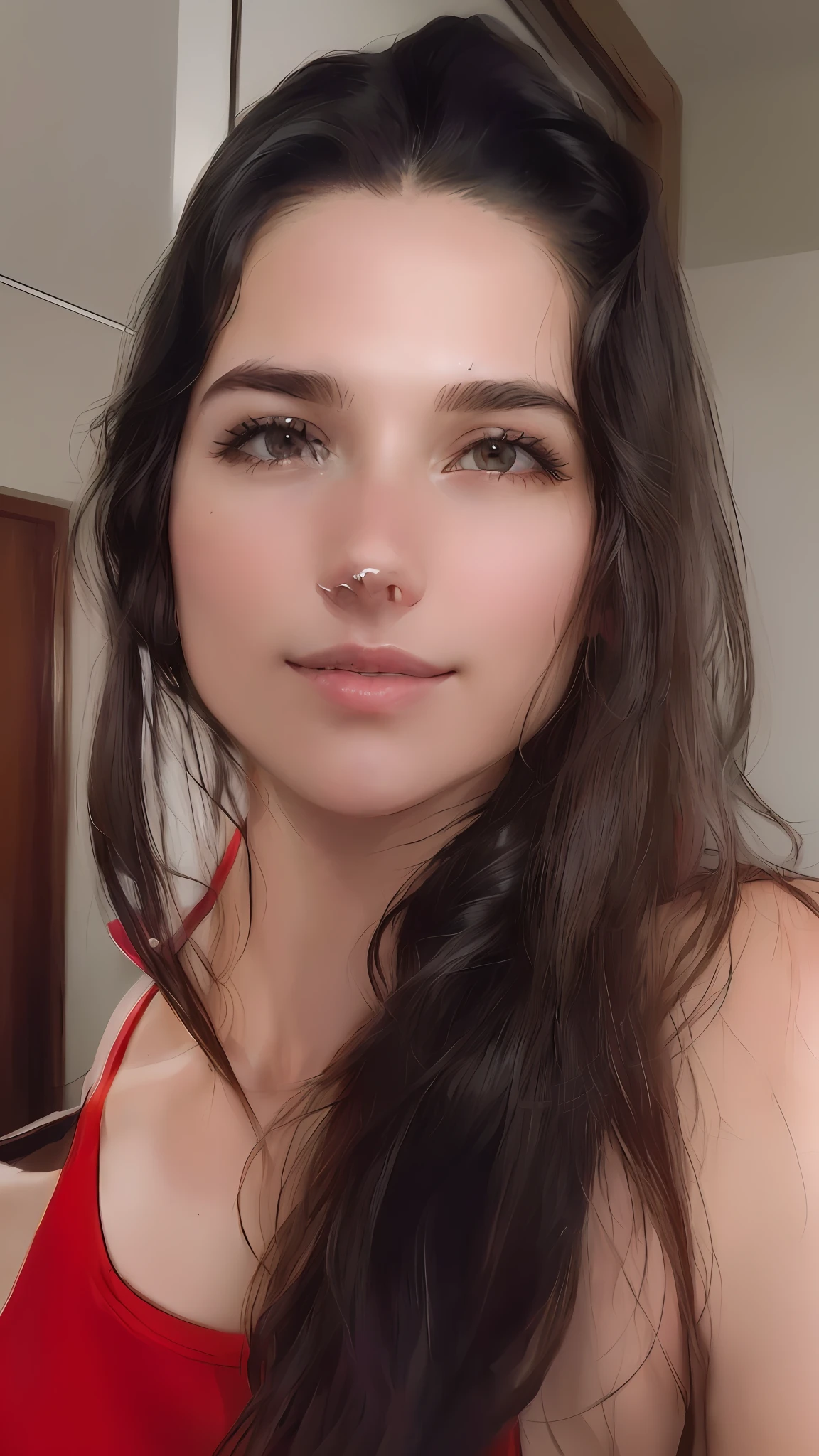 There is a woman with long hair and a red top, sem maquiagem, cerca de 3 5 anos, 3 0 anos de idade mulher, Mulher de 30 anos, (38 anos), 3 2 anos, 38 anos, 2 8 anos, 2 9 anos, 2 7 anos, imagem frontal, 3 6 anos