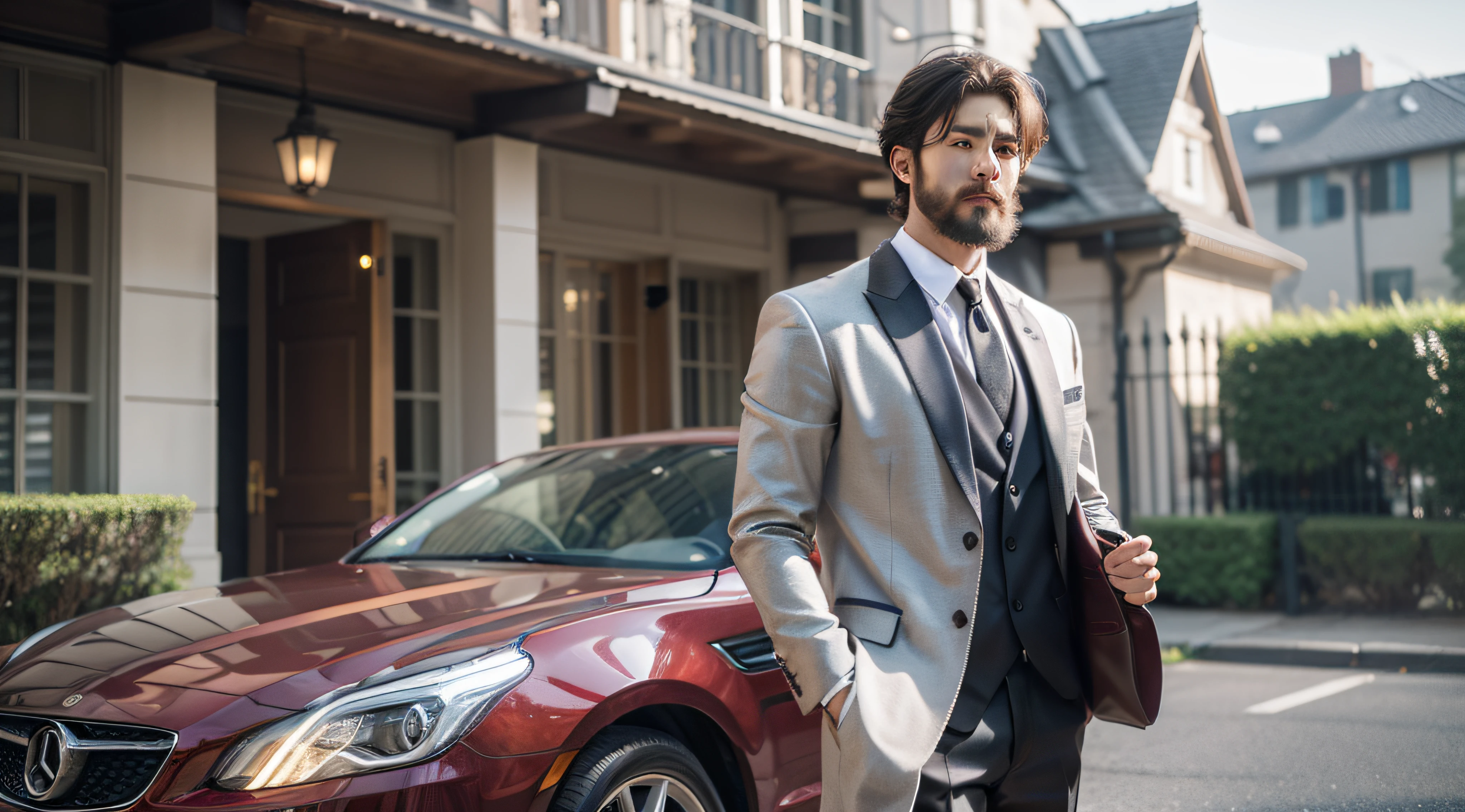 Wearing an elegant suit, displaying a well-groomed beard, and an air of prosperity, he personifies the quest for wisdom, self-mastery, and resilience amidst the current backdrop.Alongside a luxury car and sporting an exquisite timepiece, he represents not only the pursuit of inner serenity but also the material success achieved through the application of these philosophies in contemporary life. The wealth surrounding him reflects the balance between the search for inner knowledge and external prosperity.The man is immersed in a sophisticated environment, surrounded by a mansion behind him, and elements that represent the knowledge and success he has acquired through the application of these philosophies in the modern context. The setting is refined and balanced, emphasizing his pursuit of inner serenity amidst the hustle and bustle of present-day life.