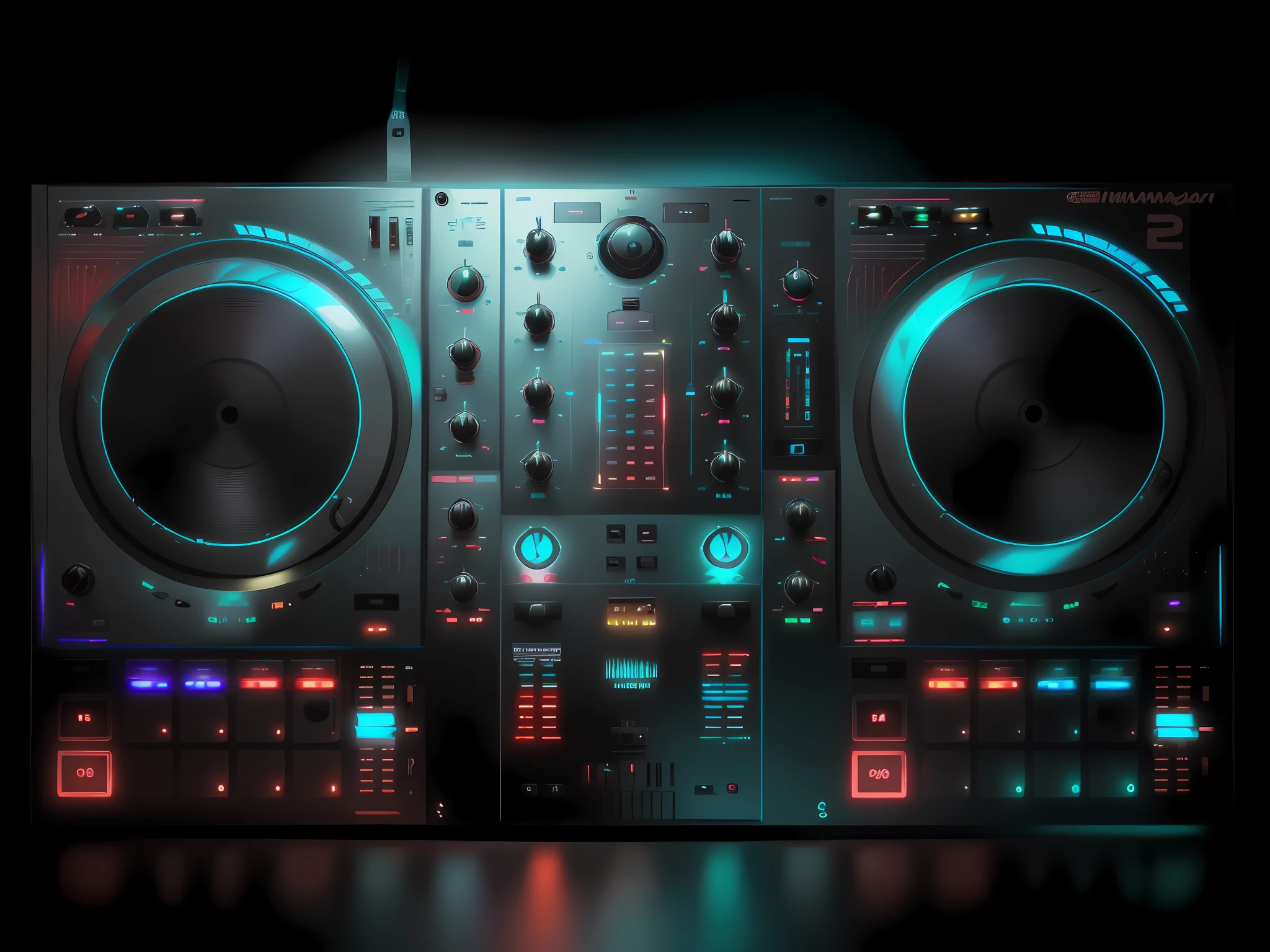 Um close up de um controlador de DJ com um controlador no topo, DJ, Conjunto de DJ, Mixer DJ, DJING com toca-discos DJ, turntables, Festa DJ Rave, tocando techno house music, Turntablism DJ arranhando, DJ em uma festa, turntablist, DJ Sura, 🎨🖌️, engrenagem, mixer rendering, Fones de ouvido DJ Rave, Softly bright control panels
