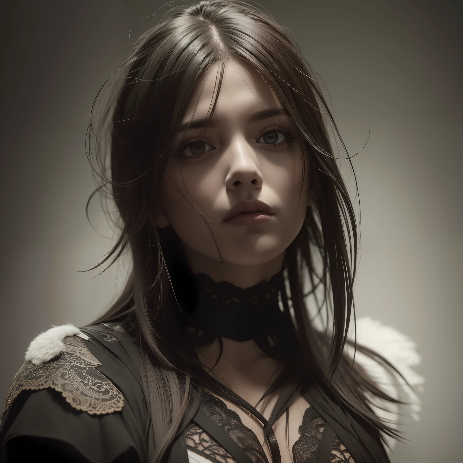 Stunning close-up, in the style of dark white and amber, apocalypse art. The artwork portrays a detailed and realistic depiction of the human form, focusing on a close-up view that captures the emotions and intricacies of the subject.
The lighting conditions are inspired by a combination of dark white and amber hues, creating a moody and atmospheric ambiance that enhances the apocalyptic theme. The use of shadows and highlights adds depth and dimension to the artwork.
The style of the artwork incorporates clean and sharp inking techniques, resulting in precise lines and well-defined forms. Additionally, gothic references are skillfully incorporated into the composition, giving the artwork a sense of mystery and historical allure.
The artist utilizes palette knives to create bold and textured strokes, adding a dynamic and expressive element to the piece. The level of realistic detail in the artwork is exceptional, with meticulous attention to anatomical accuracy and fine details.