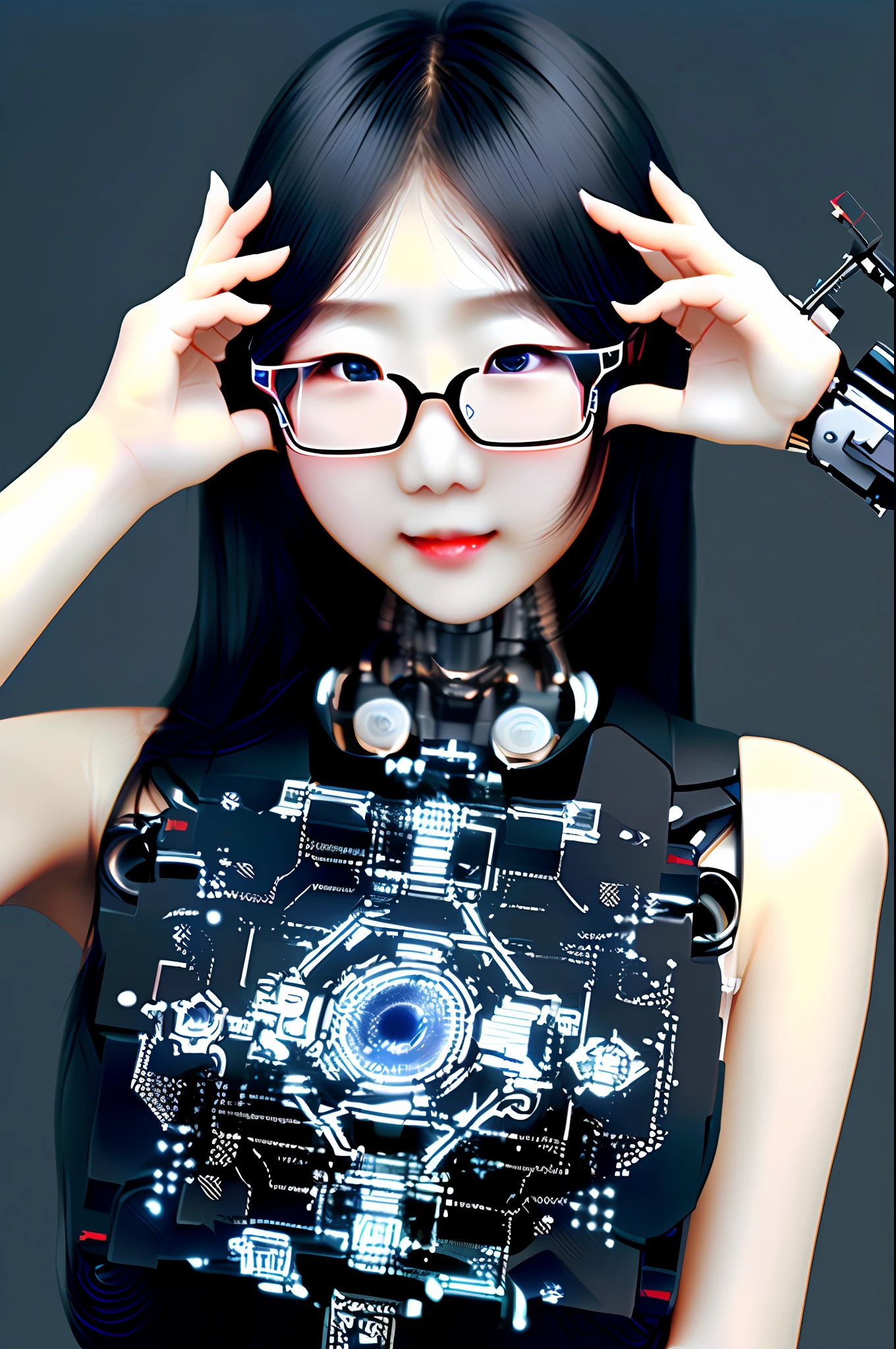 bit girl,robotic hand,eye glass,The mouth is presented in a mechanical style。