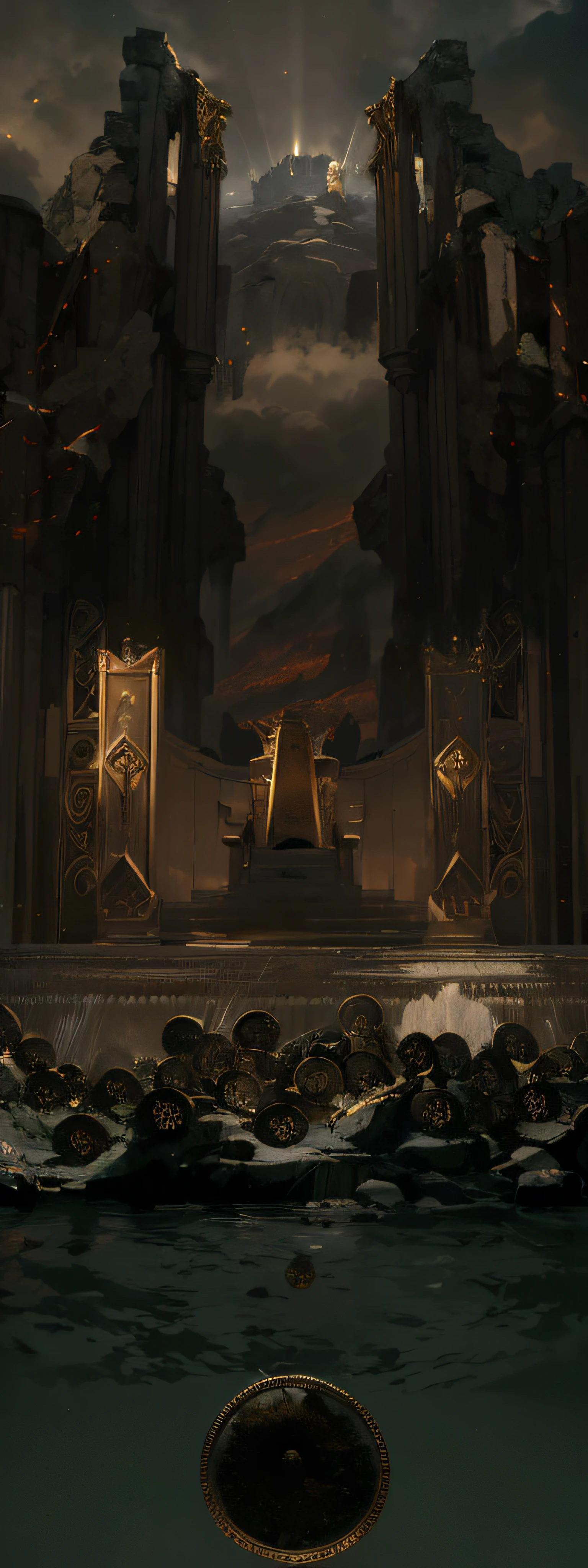 Absurdo, Alto, ultra detalhados, (nenhum humano:1.3), Improve the pilasters of the castle put details in silver and gold Break Make a large throne of stone and epic gold in the center of the image (Trono de Espadas). Make a strong divine light from the sky to the top of the castle. throw used swords and shields on the ground