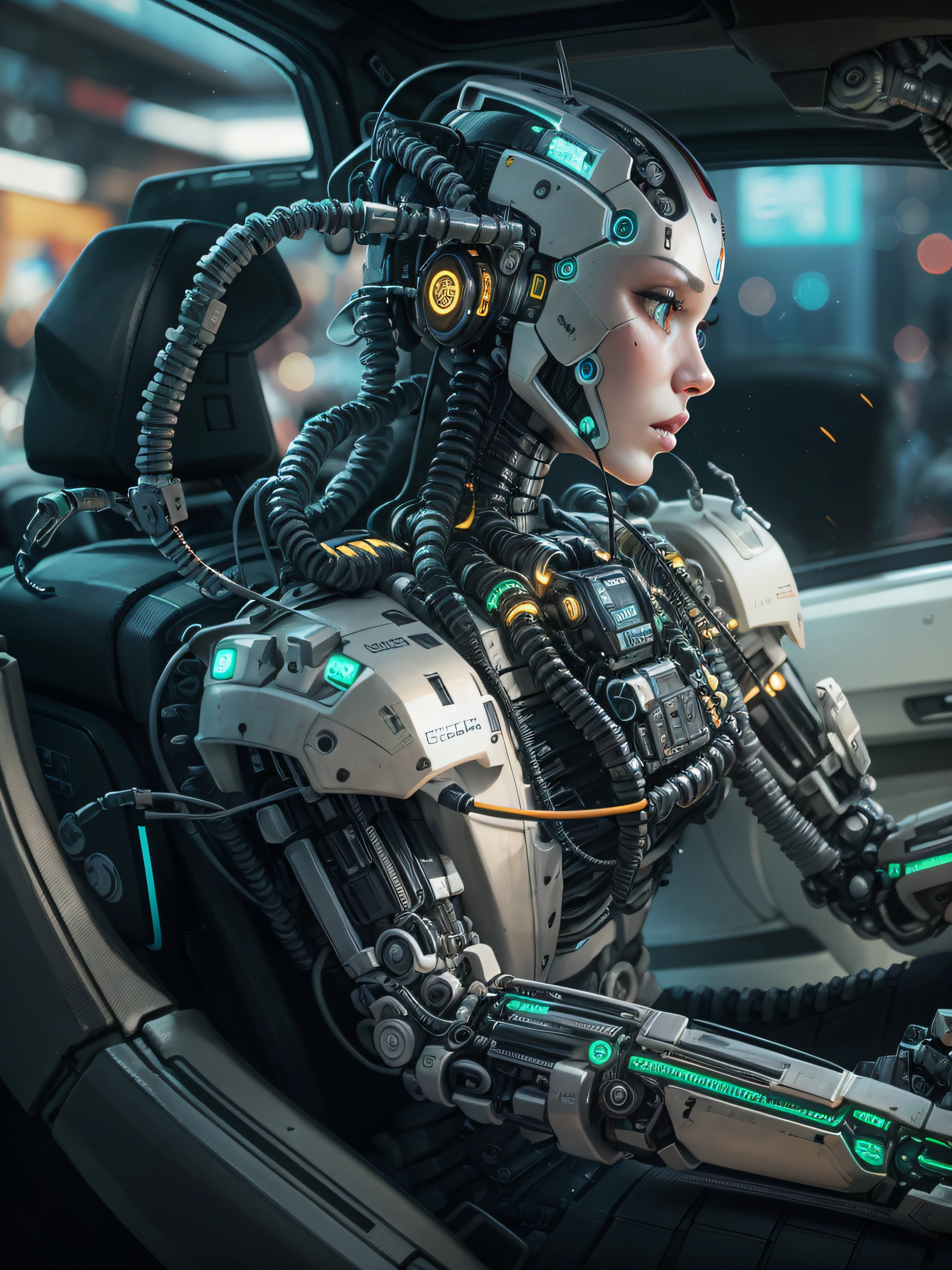 A closeup of a robot with a human face driving a car with a steering wheel, integrated synthetic android, robotic, futuristic cars and mecha robots, strong artificial intelligence, robots, close-up of a robot sitting down, ciborgues trabalhando, machines and futurist robots, robotic enhancements, infinite collaboration with AI, robotical, cyberpunk robot, Mais fundo no metaverso vamos --auto