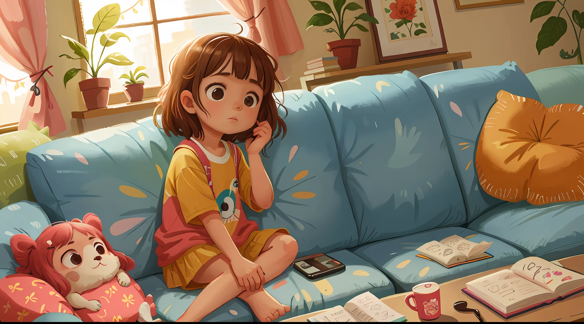 Num dia de chuva intensa, A girl is bored that she can't play outdoors, is in a living room sitting on the couch, watching television.