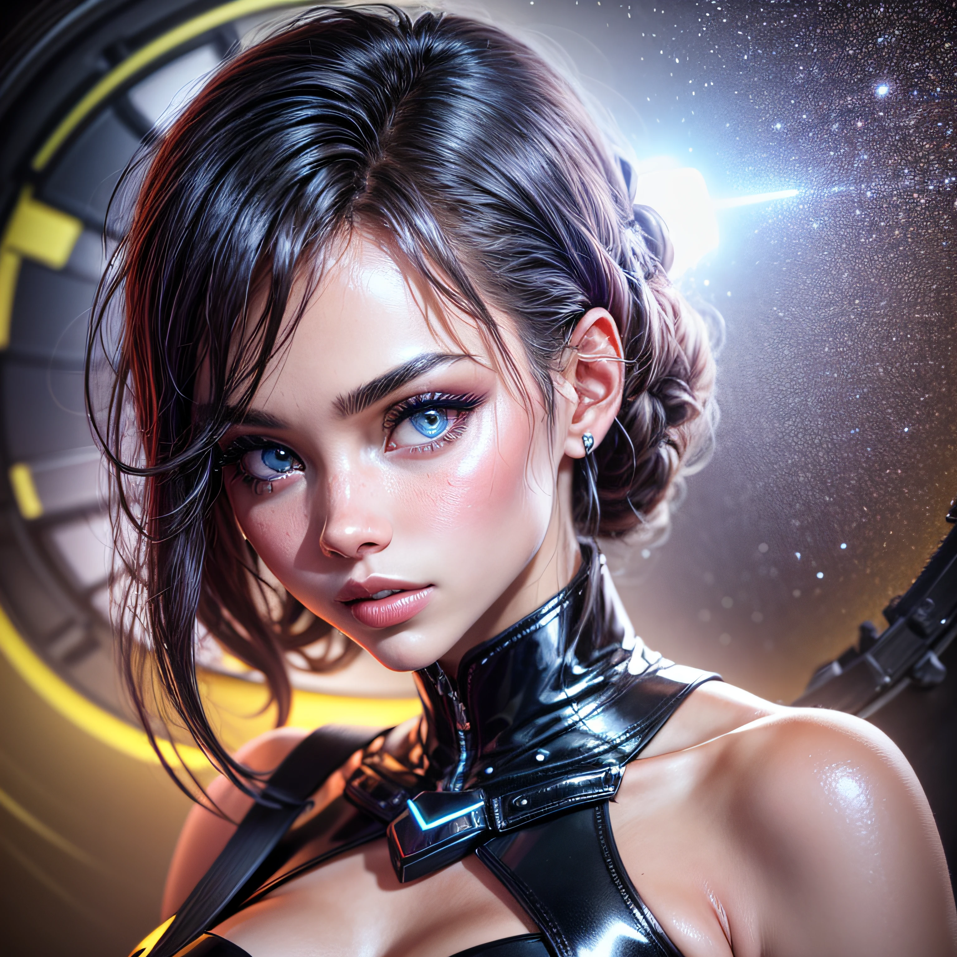Closeup on beautiful black latex woman, olhos azuis, coberta com rosas vermelhas iluminadas, bright blue white glowing heart, visible from human, noite, Colouring, photography hyper-detailed cinematic hdr lighting, softbox lighting, Detalhe extremo, 8k, 3D-rendering, Hiper realista, NVIDIA,