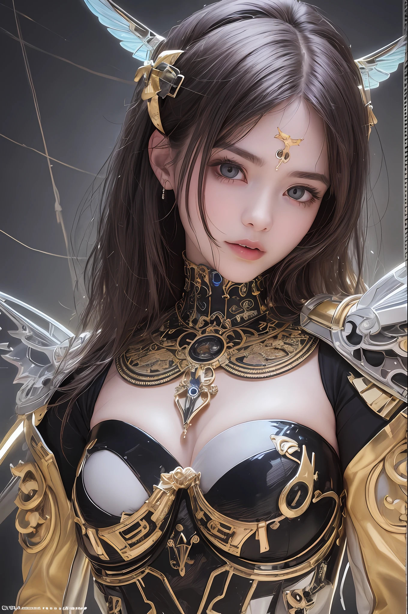top-quality、masterpiece、超A high resolution、(Photorealsitic:1.4)、Raw photo、女の子1人、Black hair、glowy skin、1 Mechanical Angel、large metal wings、Shining Angel Circle、((super realistic details))、portlate、globalillumination、Shadow、octan render、8K、ultrasharp、Colossal tits、Raw skin is exposed in cleavage、White porcelain body、Details of complex ornaments、About Cyberpunk、Glowing LEDs、IC chips、Base、Data Links、Hydraulic cylinder、highly intricate detail、Realistic light、a purple eye、radiant eyes、Facing the camera、neon details、Mechanical limbs、blood vessels connected to tubes、Mechanical vertebrae attached to the back、mechanical cervical attaching to neck、cowboy shot、Wires and cables connecting to the head、Luminous tube、Small LED lamp、Sumerian details、