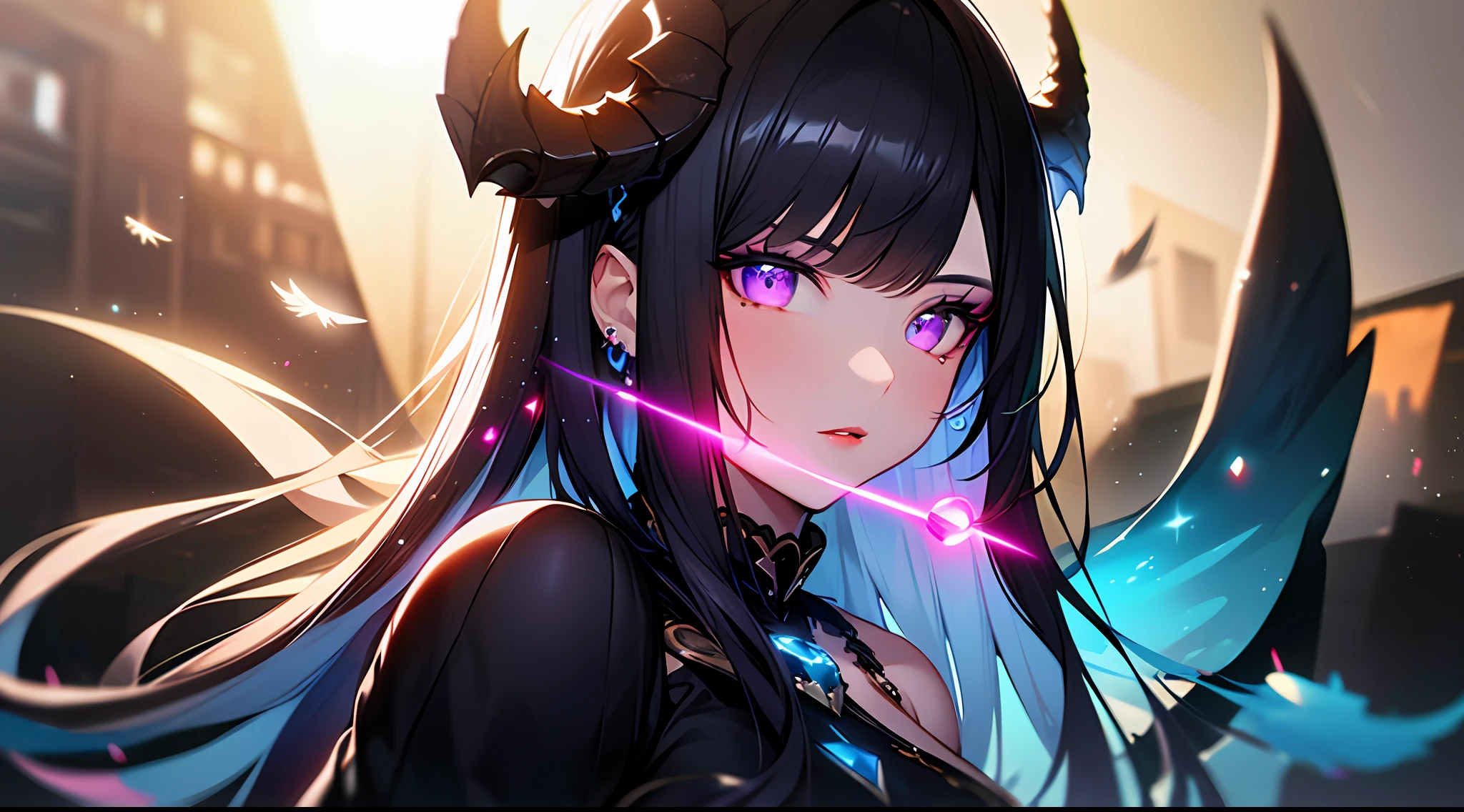 (Masterpiece:1.2), best quality, (illustration:1.2), (ultra-detailed),Eye focus,(Masterfully crafted Glow, pink lens flare), (Cinematic background), hyper details, (delicate detailed), (intricate details),in the air, octane render, hdr, (hyperdetailed:1.15), (soft light:1.2), 1girl, beautiful girl, ultra detailed eyes, mature, plump, thick, rainbow painting drops, paint teardrops, woman made up from paint, entirely paint, splat, splash, outdoors, (bioluminescent hair:1.1),(glowing eyes), ((makeup)),(Cinematic masterpiece), fierce, powerful, splashes of colour absolutely eye-catching, (Cinematic headlight), light coming from above, growing shadows, ((caustic)), dynamic angle, beautiful detailed glow, ambient occlusion, ambient light, raytraced reflections,(best illumination, an extremely delicate and beautiful), ((cinematic light)), (soft:2), (Nephilim:1.2), (halo), demon horns,(1 angel wing),1 demon wing, wings on back, half demon, demon ears, black wings, raven wings, (falling raven feathers), black hair, grey eyes, (red hair glow), (radiant aura),