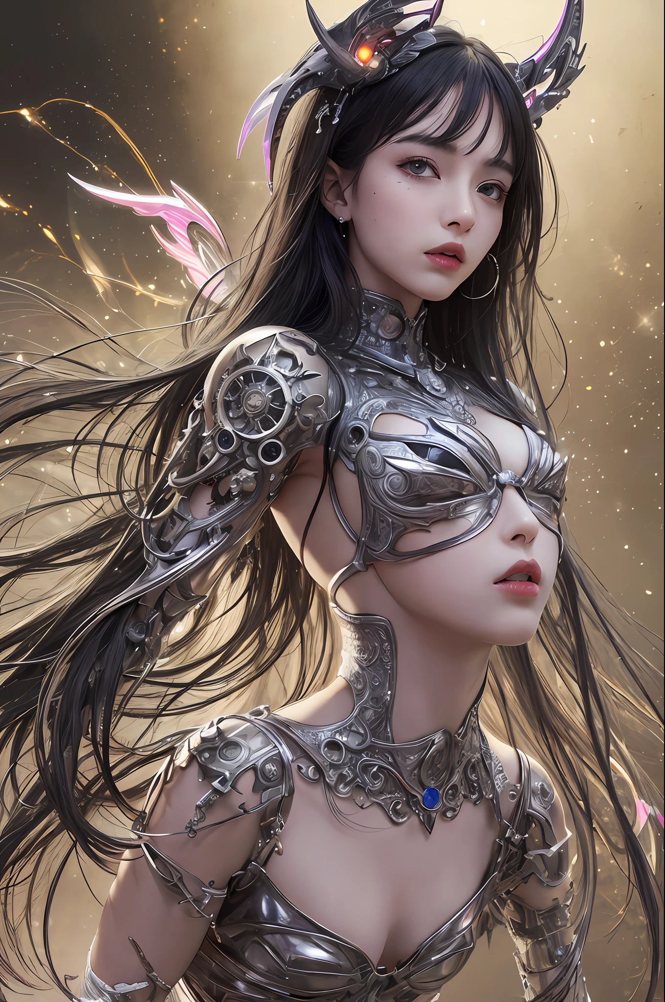 top-quality、masterpiece、超A high resolution、(Photorealsitic:1.4)、Raw photo、1人、Black hair、glowy skin、1 Mechanical Angel、large metal wings、Shining Angel Circle、((super realistic details))、portlate、globalillumination、Shadow、octan render、8K、ultrasharp、Colossal tits、Raw skin is exposed in cleavage、White porcelain body、Details of complex ornaments、About Cyberpunk、Glowing LEDs、IC chips、Base、Data Links、Hydraulic cylinder、highly intricate detail、Realistic light、a purple eye、radiant eyes、Facing the camera、neon details、Mechanical limbs、blood vessels connected to tubes、Mechanical vertebrae attached to the back、mechanical cervical attaching to neck、cowboy shot、Wires and cables connecting to the head、Luminous tube、Small LED lamp、Sumerian details、