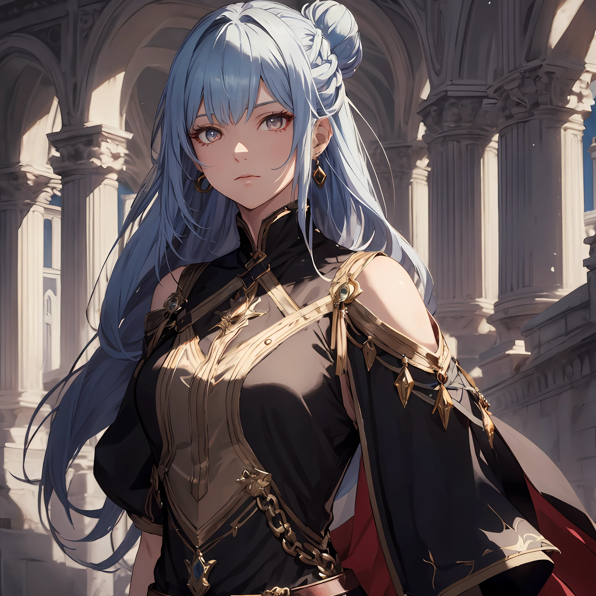 masterpiece, best quality, 1woman adult, female focus, solo, mix white and light blue hair, vibrant white eyes, swordswoman long hair bun, looking at viewer, closed mouth, bangs, Fantasy aesthetics, fantasy earring, Highly detailed, shadowverse style, black attire