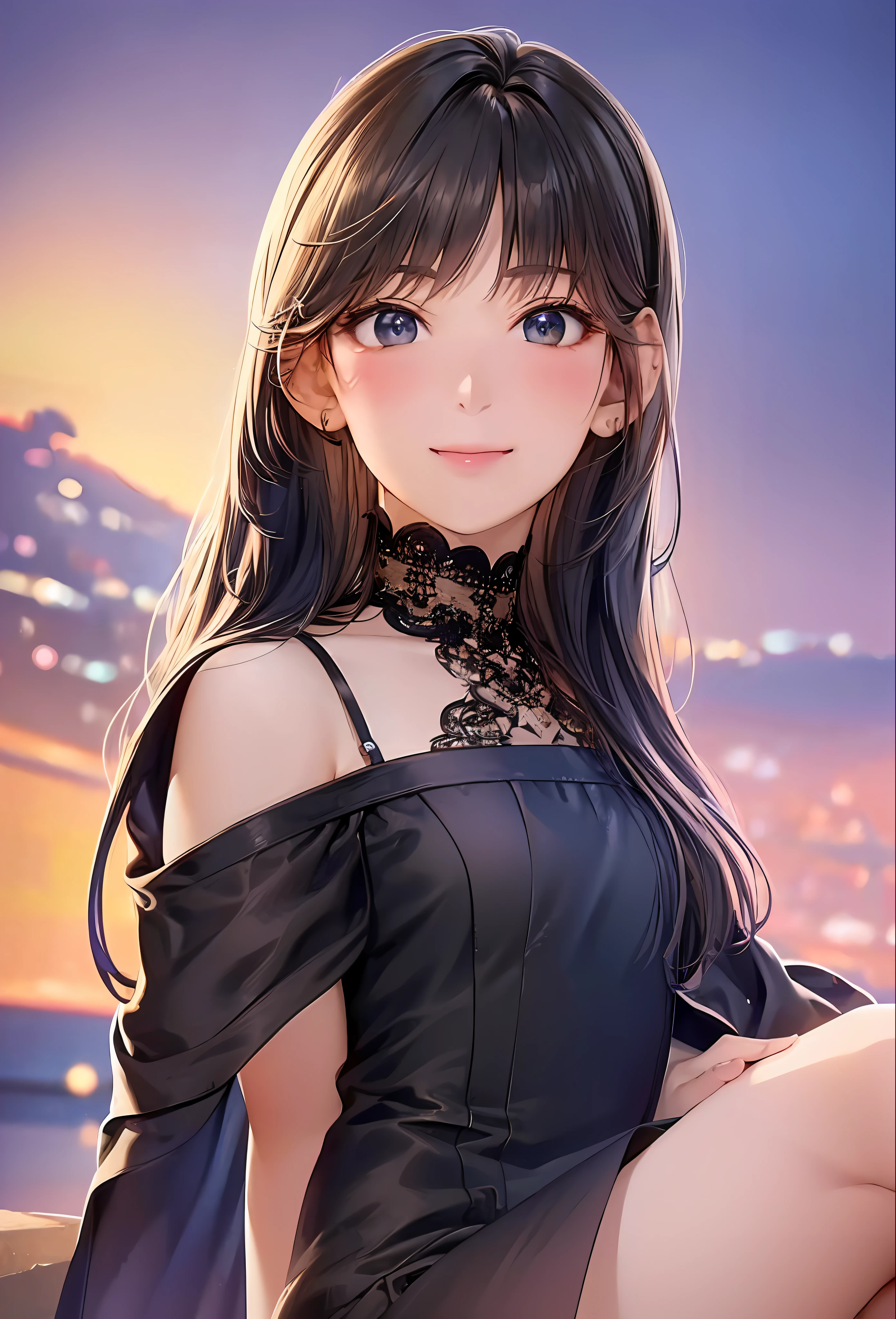 (8k, top quality, masterpiece: 1.2), (realistic, photorealistic: 1.37), super detailed, girl single, cute, solo, midnight, beautiful detailed sky, detailed café, sitting, date, (blush), (smile: 1.15), small breasts (mouth closed), beautiful fine eyes, floating hair NovaFrogStyle, back open dress