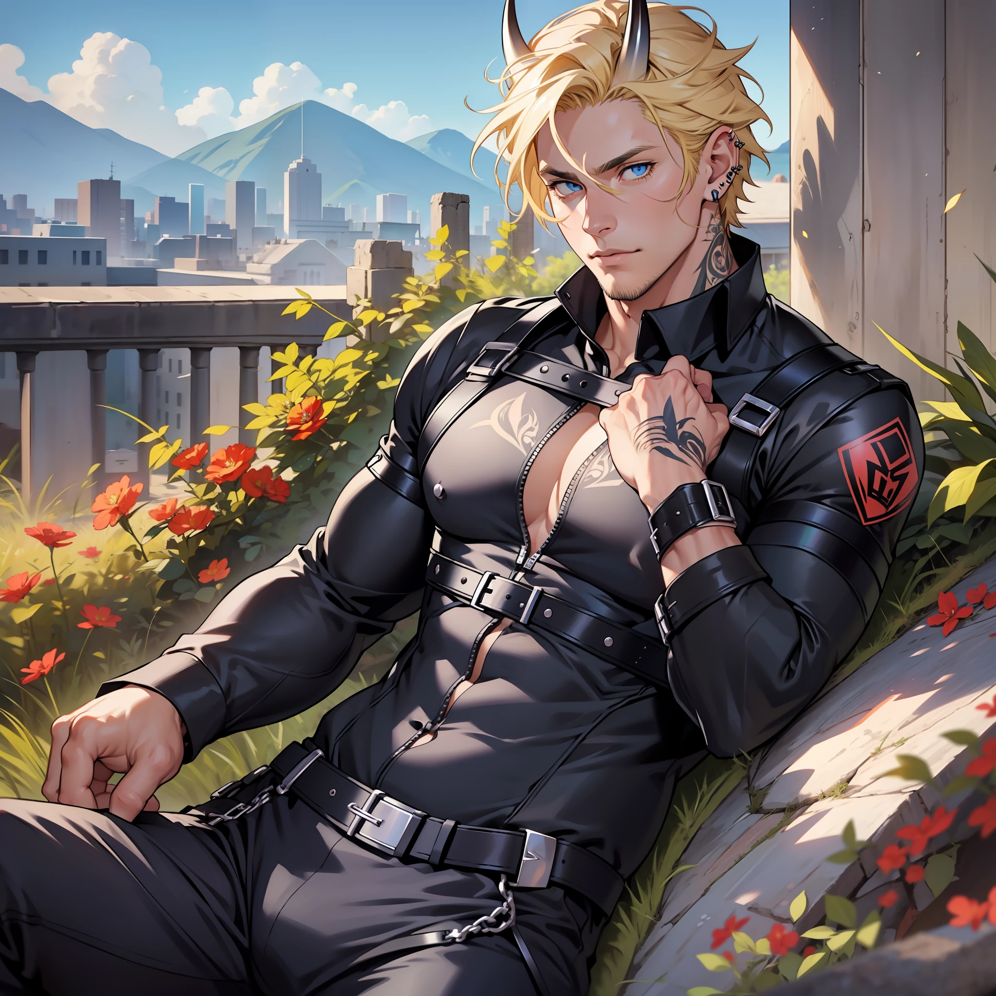 Handsome male, blue eyes, blonde hair, short hair, horns, soft features, roman nose, bara, black suit, chest harness, black pants, black boots,piercings, tattoos, big bulge in pants