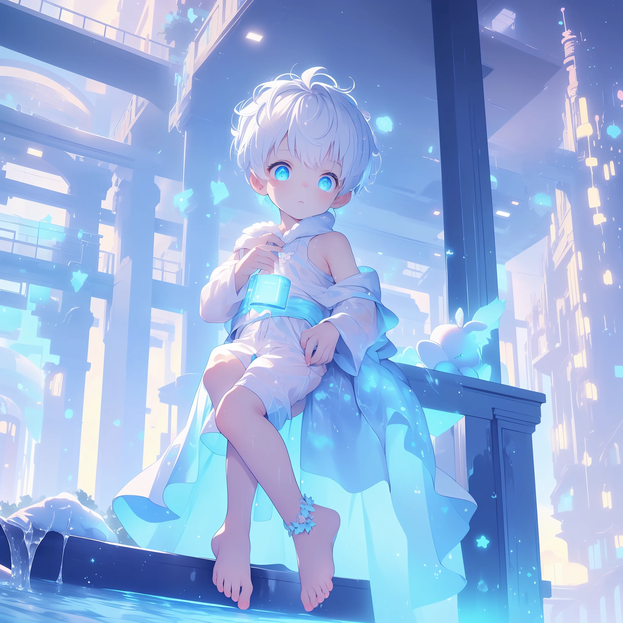 4K), little boy with white hair and barefoot and wet oily white clothes small tiny feet, He sits on top of a tower, which is covered with blue roses, und betet, Nebel Licht, Impressionismus, 2D, (Dornen: 1.1), (toter Baum: 1.1) Focused on feet, feet closeup