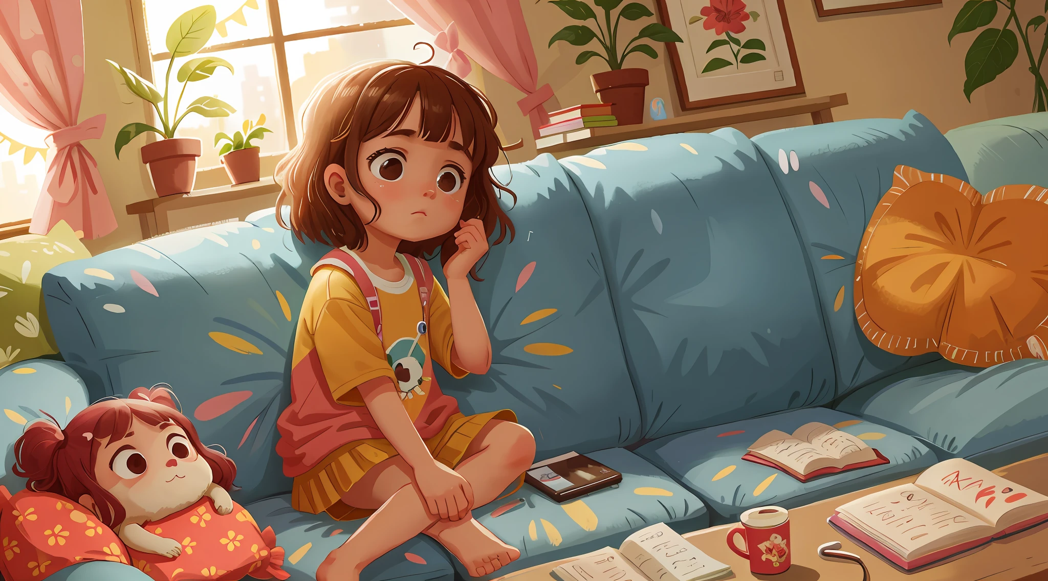 nariz e rosto detalhado. Num dia de chuva intensa, A girl is bored that she can't play outdoors, is in a living room sitting on the couch, watching television.