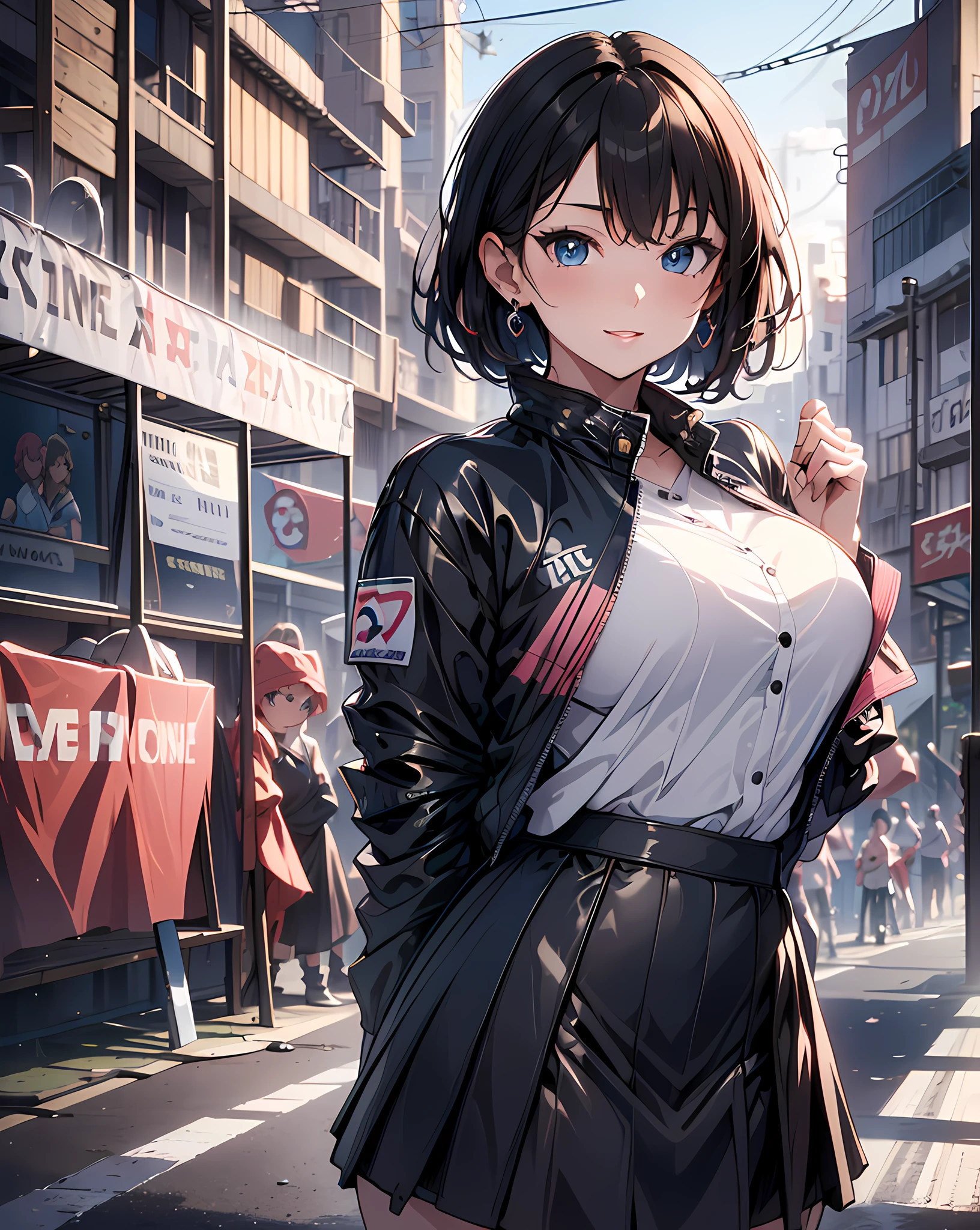 (masterpiece, best quality:1.37), highres, ultra-detailed, ultra-sharp, BREAK, Japanese school girl model, 1girl, (beautiful anime face, cute face, detailed face), (black hair, short hair, bangs), blue eyes, jewelry, earrings, piercing, BREAK, ((detailed race queen costume:1.5), (detailed rubber jacket and short skirt:1.3)), lovely look, detailed clothes), light smile, closed mouth, parted lips, pink lipstick, BREAK, standing, arms behind on hip, leaning forward, cowboy shot, detailed human hands, HDTV:1.2, ((detailed car competition view background:1.3)), 8 life size, slender, anime style, anime style school girl, perfect anatomy, perfect proportion, inspiration from Kyoto animation and A-1 picture, late evening, excellent lighting, bright colors, clean lines, photorealistic