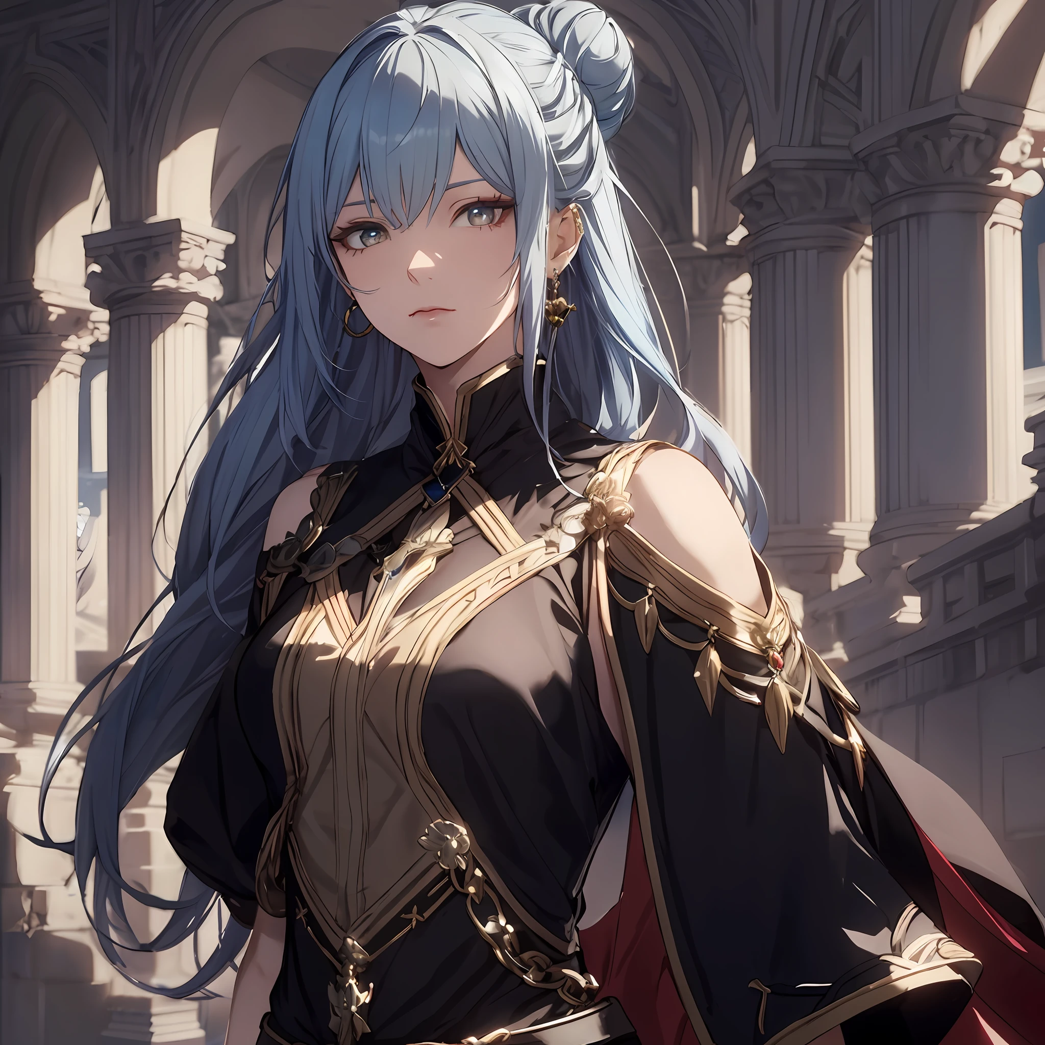 masterpiece, best quality, 1woman adult, female focus, solo, mix white and light blue hair, vibrant white eyes, swordswoman long hair bun, looking at viewer, closed mouth, bangs, Fantasy aesthetics, fantasy earring, Highly detailed, shadowverse style, black attire