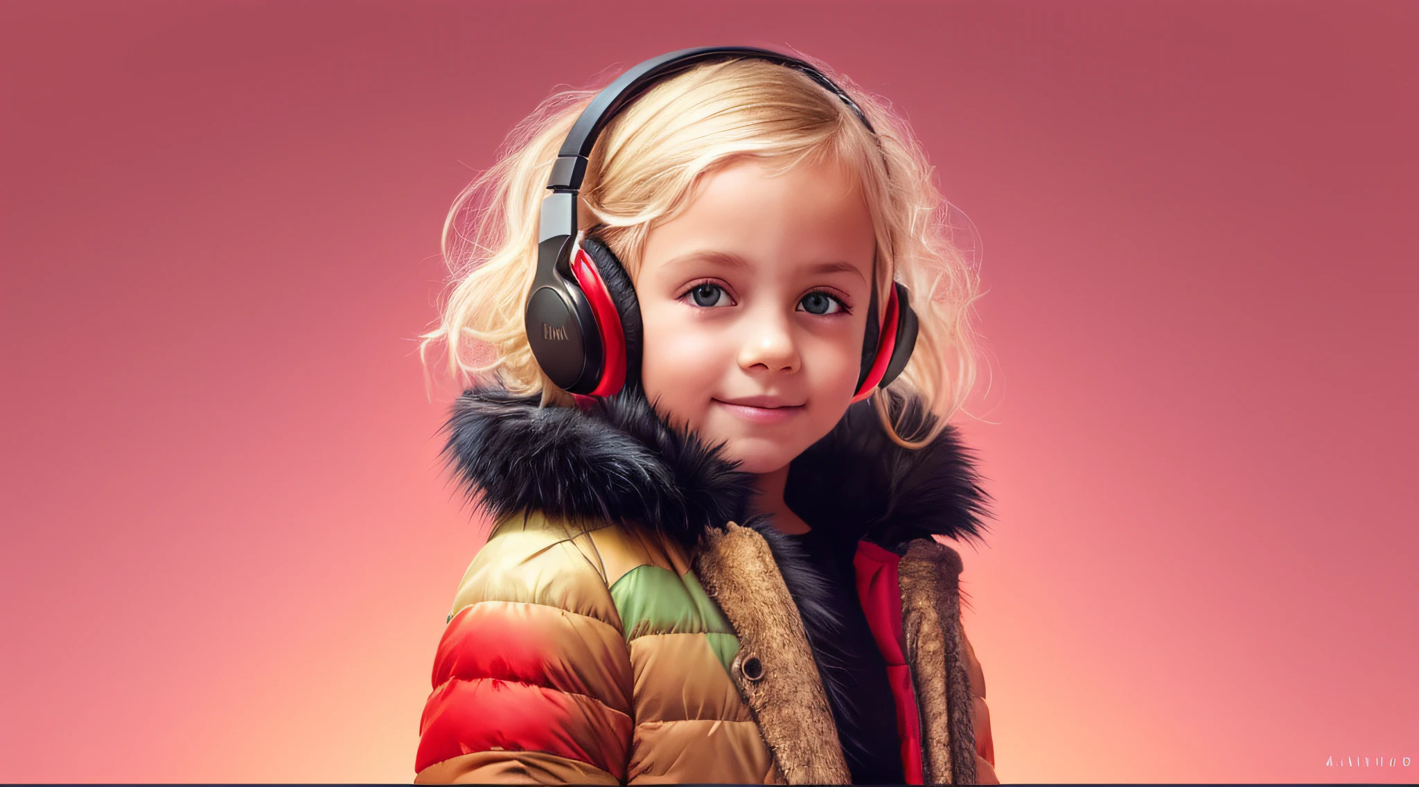 GIRL CHILD , RUSSIAN STYLE BLONDE HEADPHONES, BLACK FUR COAT, MESSY SHOULDER LENGTH BLONDE HAIR, RED BACKGROUND, BROWN EYES, HAPPY, CLEAN DETAILED FACES, INTRACATE CLOTHES, ANALOGOUS COLORS, BRIGHT SHADOWS, BEAUTIFUL GRADIENT, DEPTH OF FIELD, CLEAN IMAGE, HIGH QUALITY, HIGH DETAIL, HIGH DEFINITION, LUMINOUS STUDIO GRAPHICS ENGINE, BEAUTIFUL FACE