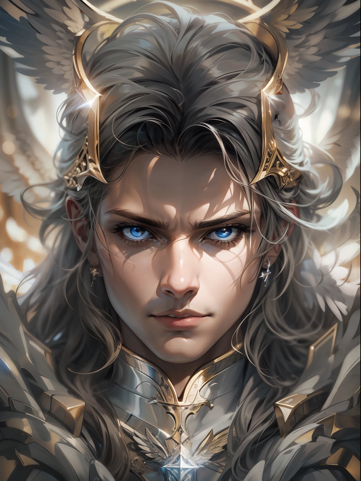 Cover drawing, angelic warrior with light in his eyes, expression serious, close-up intensity, masterpiece, best quality, ultra-detailed, cinematic beautiful lighting, intricate details, looking at viewer, depth of field-ar 2:3-s 200