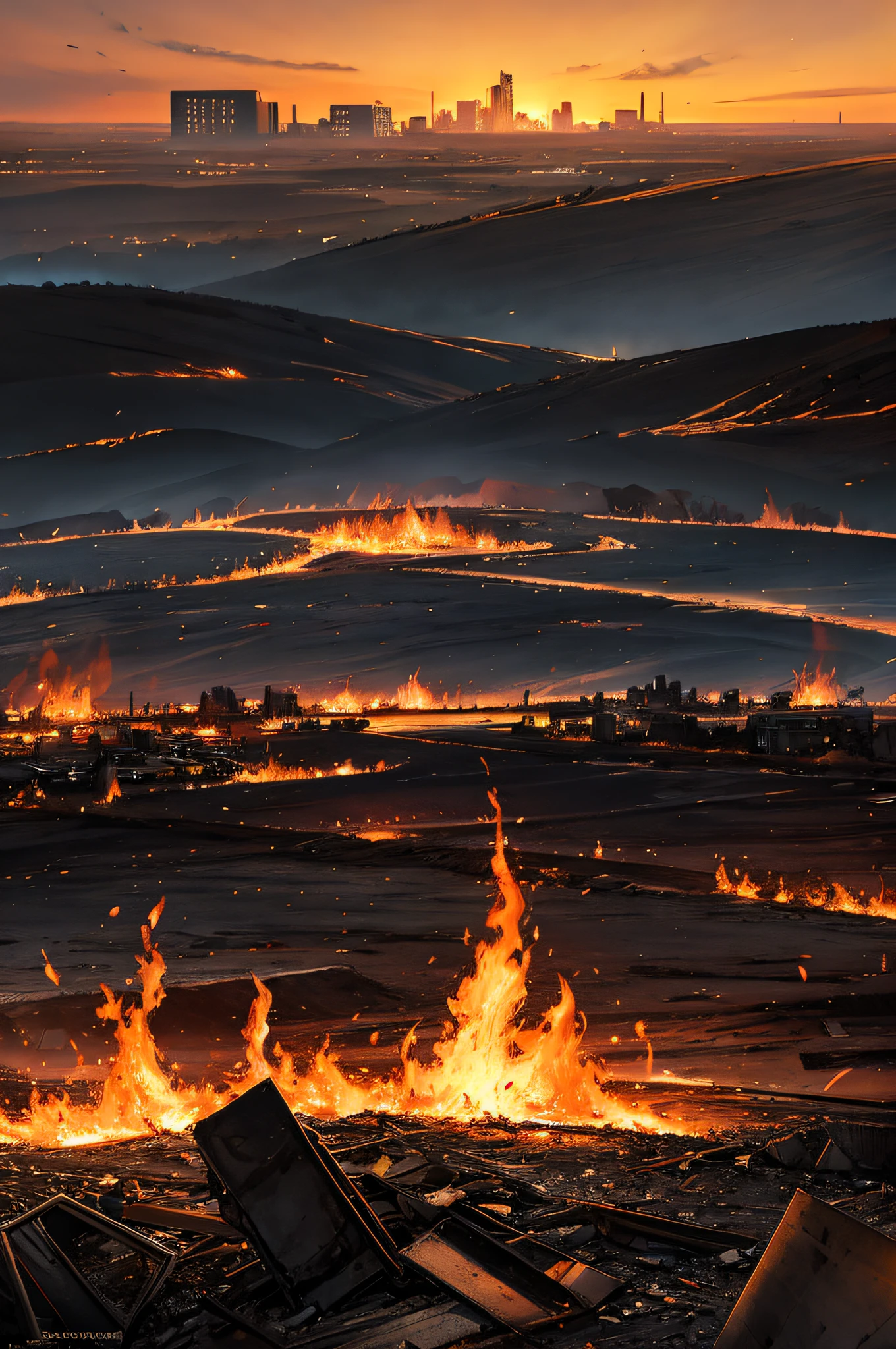 landscape, battlefield, flames, fire, background image, destructed city, ruins, post apocalyptic, no people, no person, empty landscape