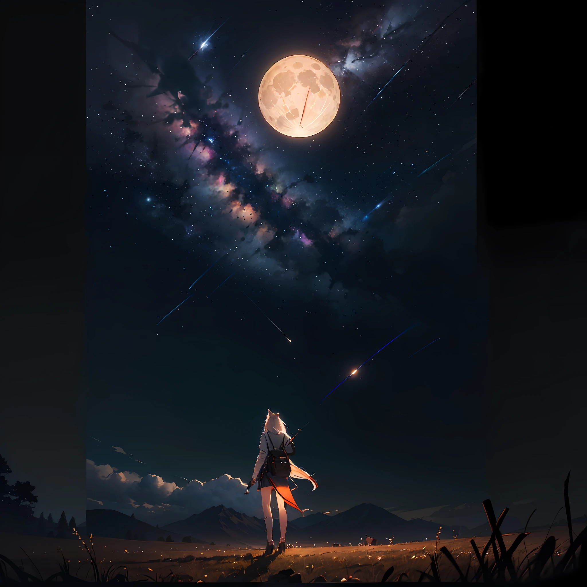 A wide landscape photo, (viewed from below, the sky is above, and the open field is below), a wolf sitting on grass field looking up, (full moon: 1.2), (meteor: 0.9), (nebula: 1.3), distant mountains , Trees BREAK Crafting Art, (Warm Light: 1.2), (Firefly: 1.2), Lights, Lots of Purple and Orange, Intricate Details, Volumetric Lighting BREAK (Masterpiece: 1.2), (Best Quality), 4k, Ultra Detailed, (Dynamic Composition: 1.4), Rich in Detail and Color, (Rainbow Color: 1.2), (Glow, Atmospheric Lighting), Dreamy, Magical, (Solo: 1.2) --auto