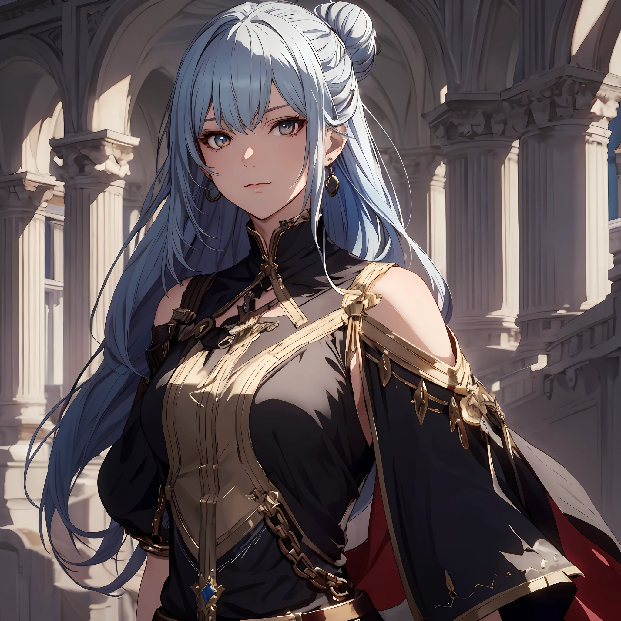 masterpiece, best quality, 1woman adult, female focus, solo, mix white and light blue hair, vibrant white eyes, swordswoman long hair bun, looking at viewer, closed mouth, bangs, Fantasy aesthetics, fantasy earring, Highly detailed, shadowverse style, black attire