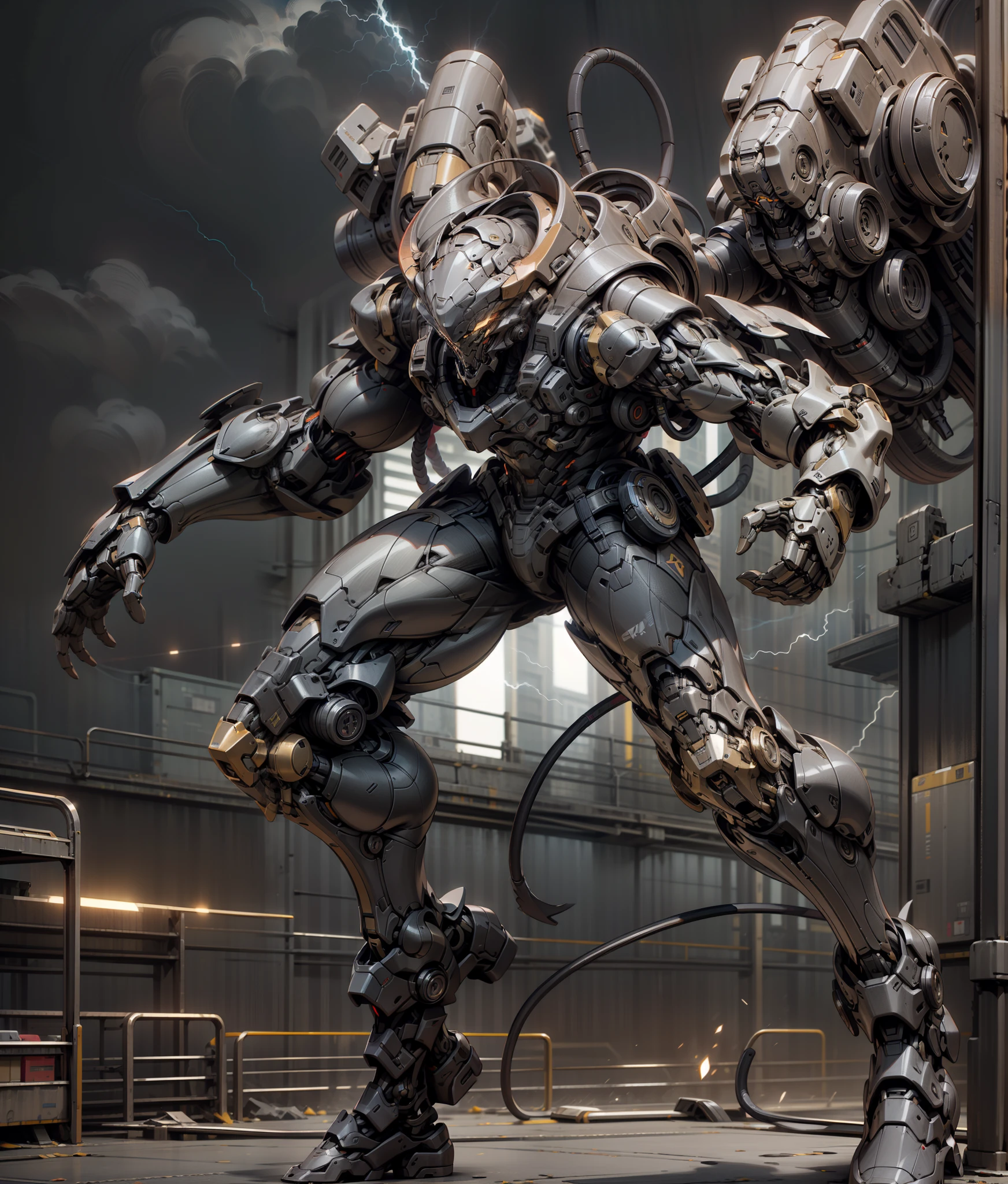 Demon Killer, Super Cool Demon Killer, Wearing Mechanical Armor, Red Lightning, Play Lightning, Super Detail, IP by pop mart, Edge Light, Avatar, Octane Rendering, Blender, Full Body, Clean Black Background, 3D, C4D, Best Quality, Very Detailed, 8K