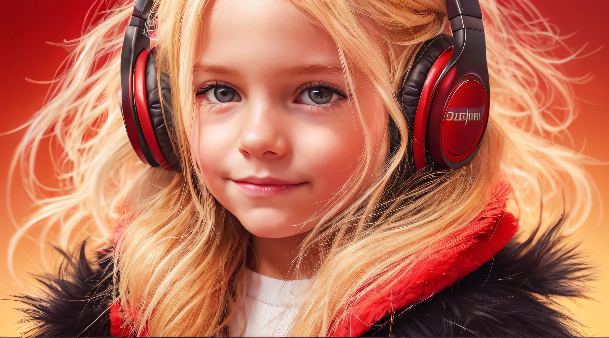 GIRL CHILD 8 YEARS OLD, RUSSIAN STYLE BLONDE HEADPHONES, BLACK FUR COAT, MESSY SHOULDER LENGTH BLONDE HAIR, RED BACKGROUND, BROWN EYES, HAPPY, CLEAN DETAILED FACES, INTRACATE CLOTHES, ANALOGOUS COLORS, BRIGHT SHADOWS, BEAUTIFUL GRADIENT, DEPTH OF FIELD, CLEAN IMAGE, HIGH QUALITY, HIGH DETAIL, HIGH DEFINITION, LUMINOUS STUDIO GRAPHICS ENGINE, BEAUTIFUL FACE