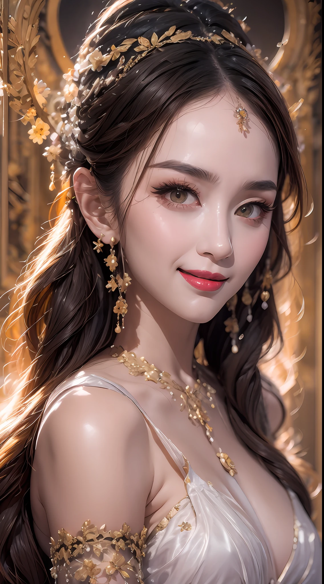 Portrait of a 27-year-old saint,Charming adult saint in a long dress made of thin silk, beautiful saint with an old face, adult, wearing a thin multicolored silk dress, beautiful face without blemishes, (((Smiling lightly:1.4))), ((7-color hair length:1.2)), big crown, hair brooch, hanfu dress, chinese ancient style, full body jewelry, forehead tattoo, super even chest, face, innocent face, The most beautiful and detailed light red lipstick, ((Thin plump lips:0.3)), delicate pink and white eyes (white and detailed) cinematic, light and dark, dramatic lighting, magical light, extremely detailed light, true color, super sharp, realistic, 8k quality, fantasy universe background, saints and magical space, the most detailed images, ((Solo:0.3)), ((a saintess:0.6)), ((looking directly at the saint's upper body:0.4)), ((smooth skin:0.5)), ((face veil:0.6)),