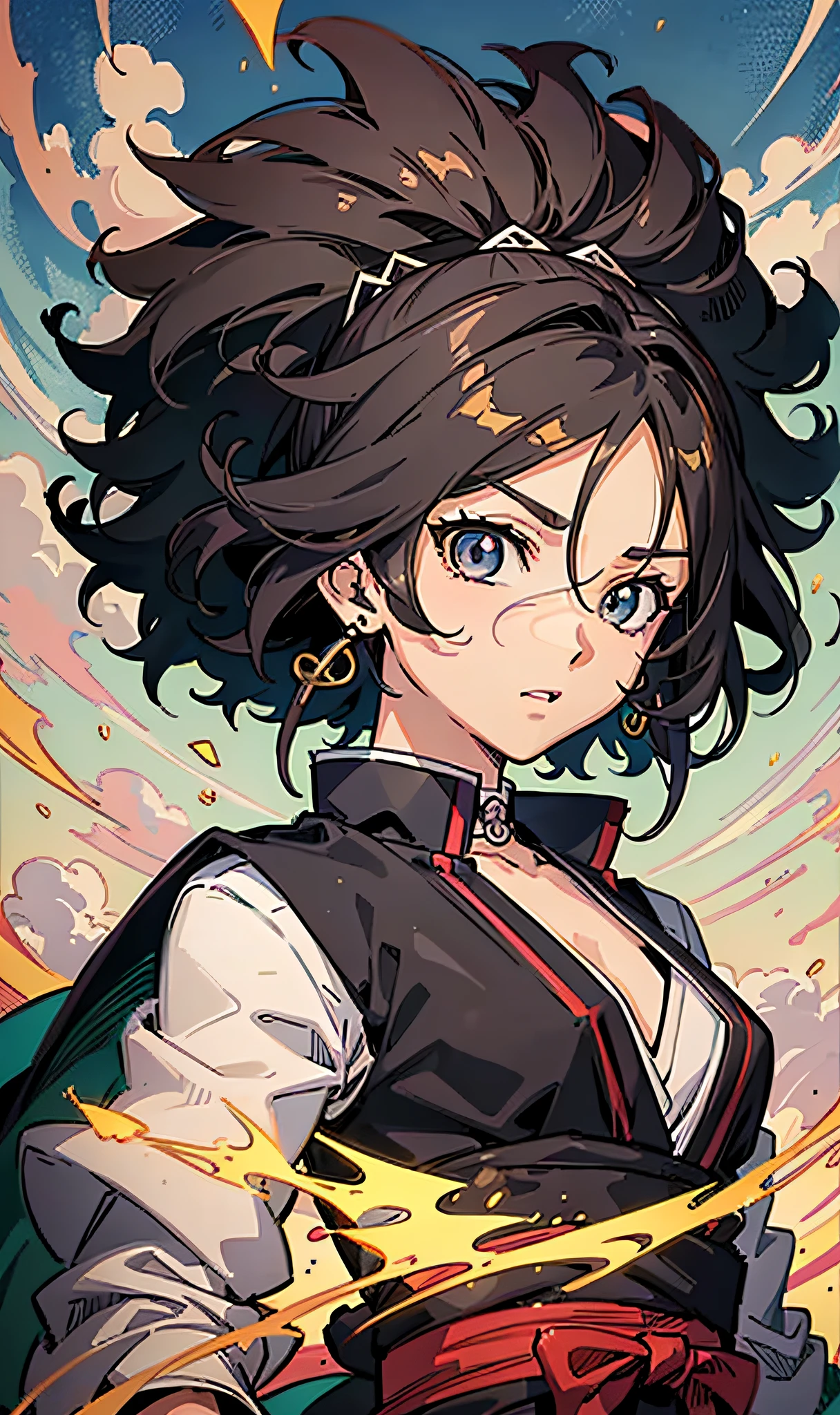 personagem de anime em uma roupa branca e preta com um cabelo preto, estilo anime afro samurai, afro samurai manga style, afro samurai animes style, black anime manga girl, Shonen, Epic anime style, cabelo preto rodopiante, Estilo Afro Samurai, tempestade!, digital advanced anime art ", Akira Toriyama, japanese lightning goddess, striking manga artstyle, estilo anime"