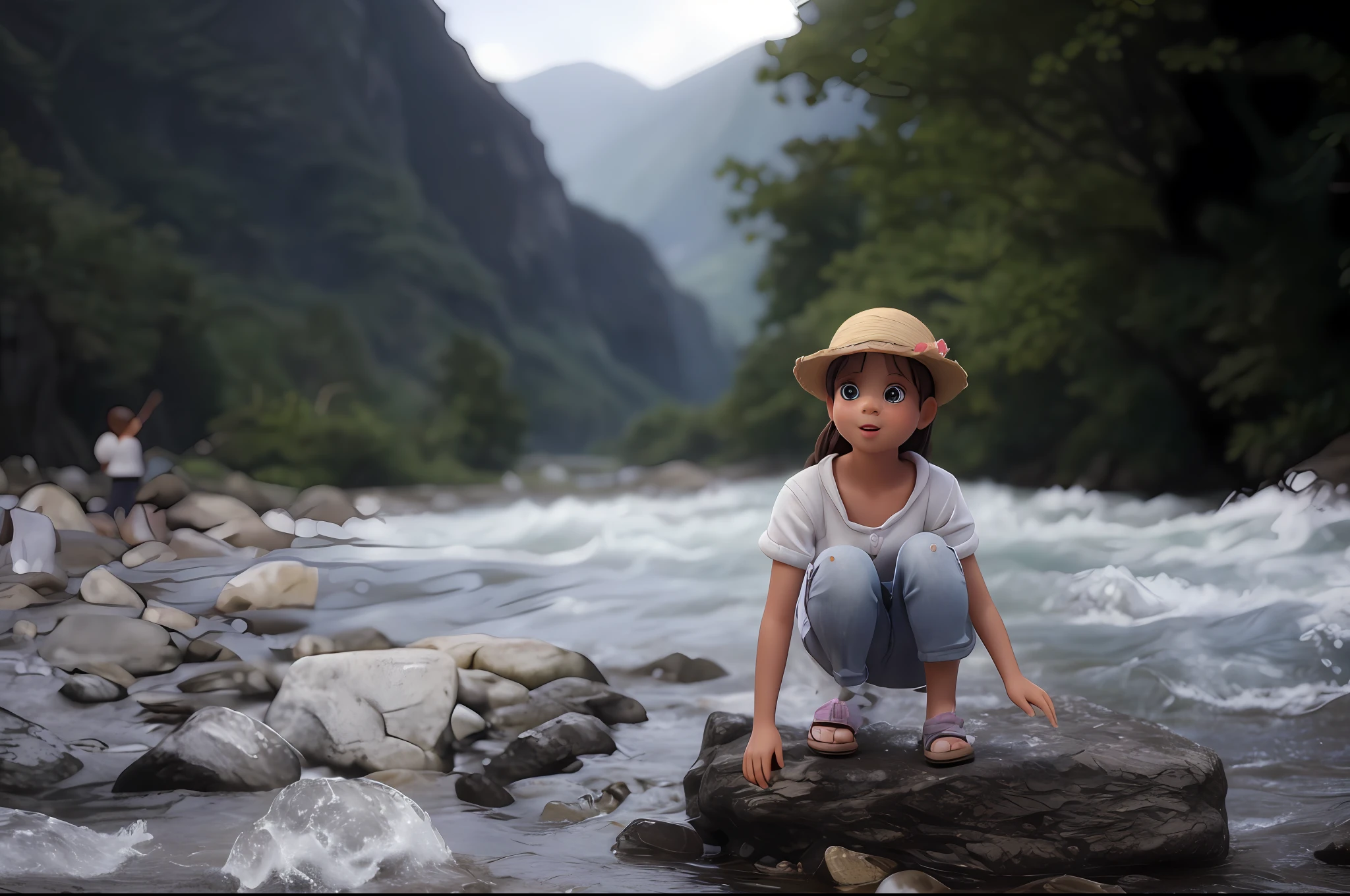 A of about 5 years oldl swimming,Cmini sence,ultra realistic lighting,Ultra-realistic skin texture,Ultra-realistic natural light,Defocused,Little straw hat,Ultra-realistic waves,Ultra-realistic stream,By the creek,light particules,Warm sunshine,dampness,exterior,great outdoors,happy laugh,Perfect big eyes,Ultra-realistic hair,Ray traching,8K,Loose hair,Ultra-realistic CG,tmasterpiece