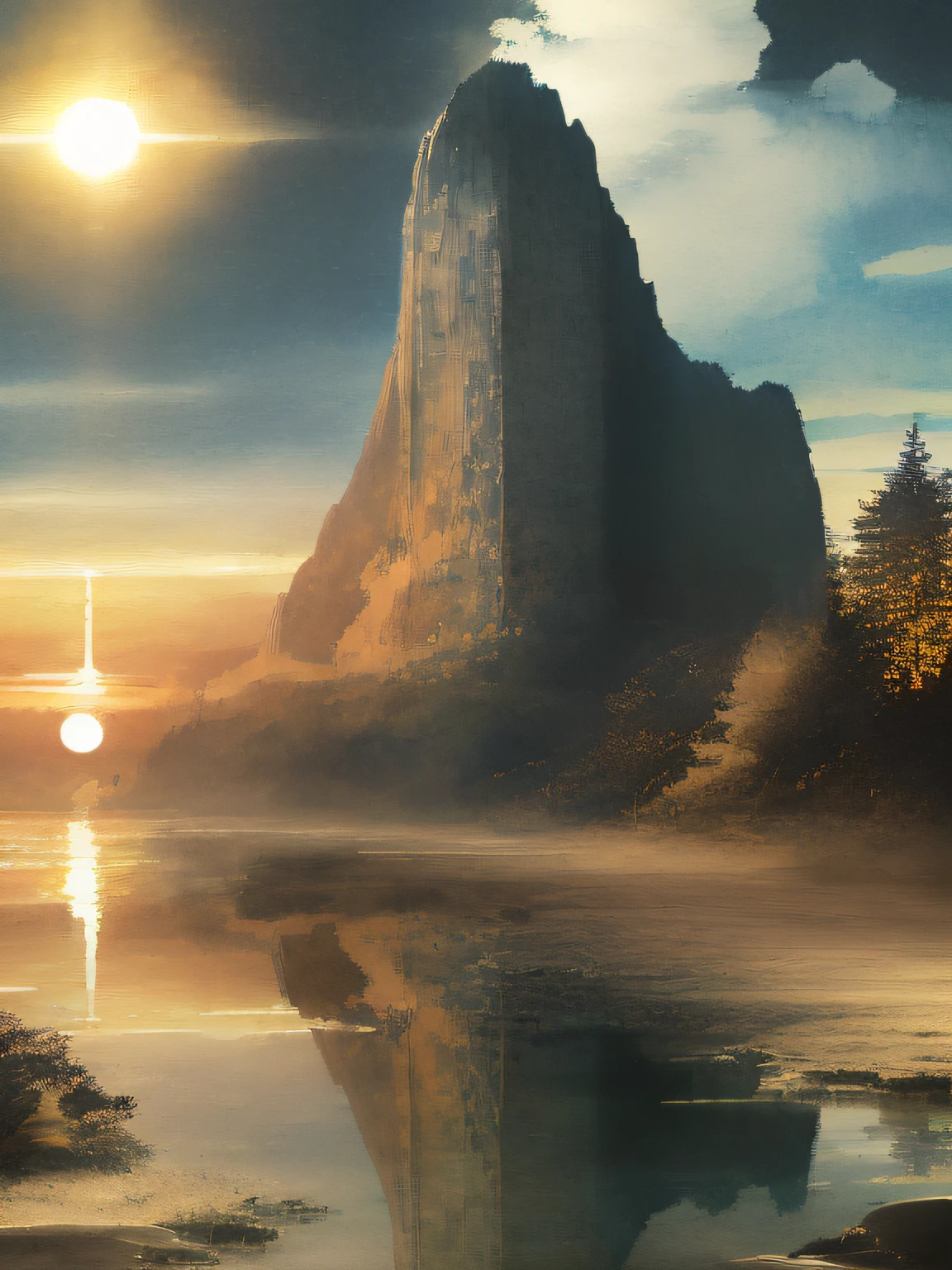 Artistic style, sun set betweens two mountain in to the sea, sun reflect in sea, night and day,  ((masterpiece)), (((best quality))), ((ultra detail)), ((illustration)), ((realistic)), (reflections), sharp focus, front lighting, intense shadows,