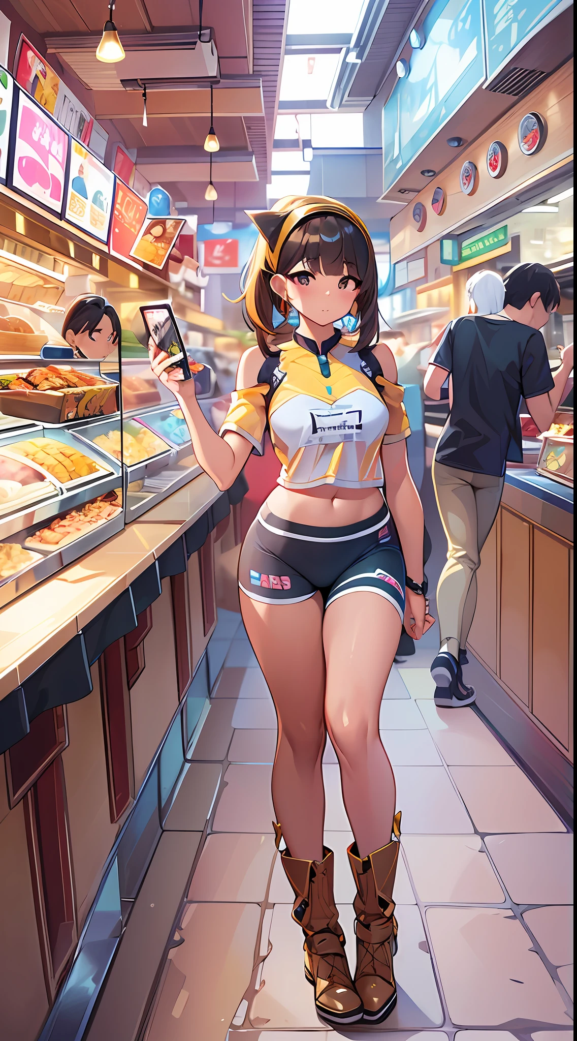 ((Masterpiece)), best quality, absurderes, ultra detailed, holographic, cowboy shot, dynamic pose, golden ratio, super cute girl, mature girl, extremely beautiful, super beautiful asian girl with super beautiful brown shiny eyes, super petite and sexy body, super beautiful legs, super beautiful brown multicolored short hair, high ponytail, shiny and super beautiful skin, nice and sexy body, slim and delicate body, perfect body, wearing a super tight black short sleeve crop top, bare shoulders, super tight translucid black leggings, hot panties, fox hairband, being photographed in a popular kawaii food court