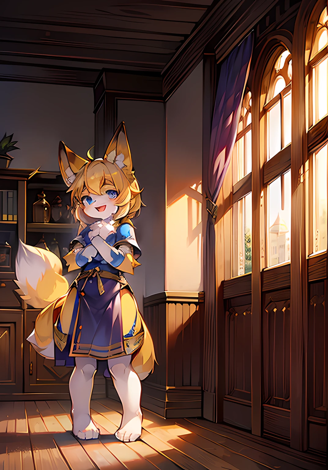 ,Bright eyes,in a panoramic view,focal point,Detailed background enhancement(0.7),独奏,Furry fortification,Furry female,female focus,anthr,Full Body Furry,Fluffy tail,eBlue eyes,The skin of yellow people is strengthened,Young,Small and cute strengthened,Laughing(1.2),Long canids strengthened(1.2),interiors、the night、The castle was strengthened(1.1)