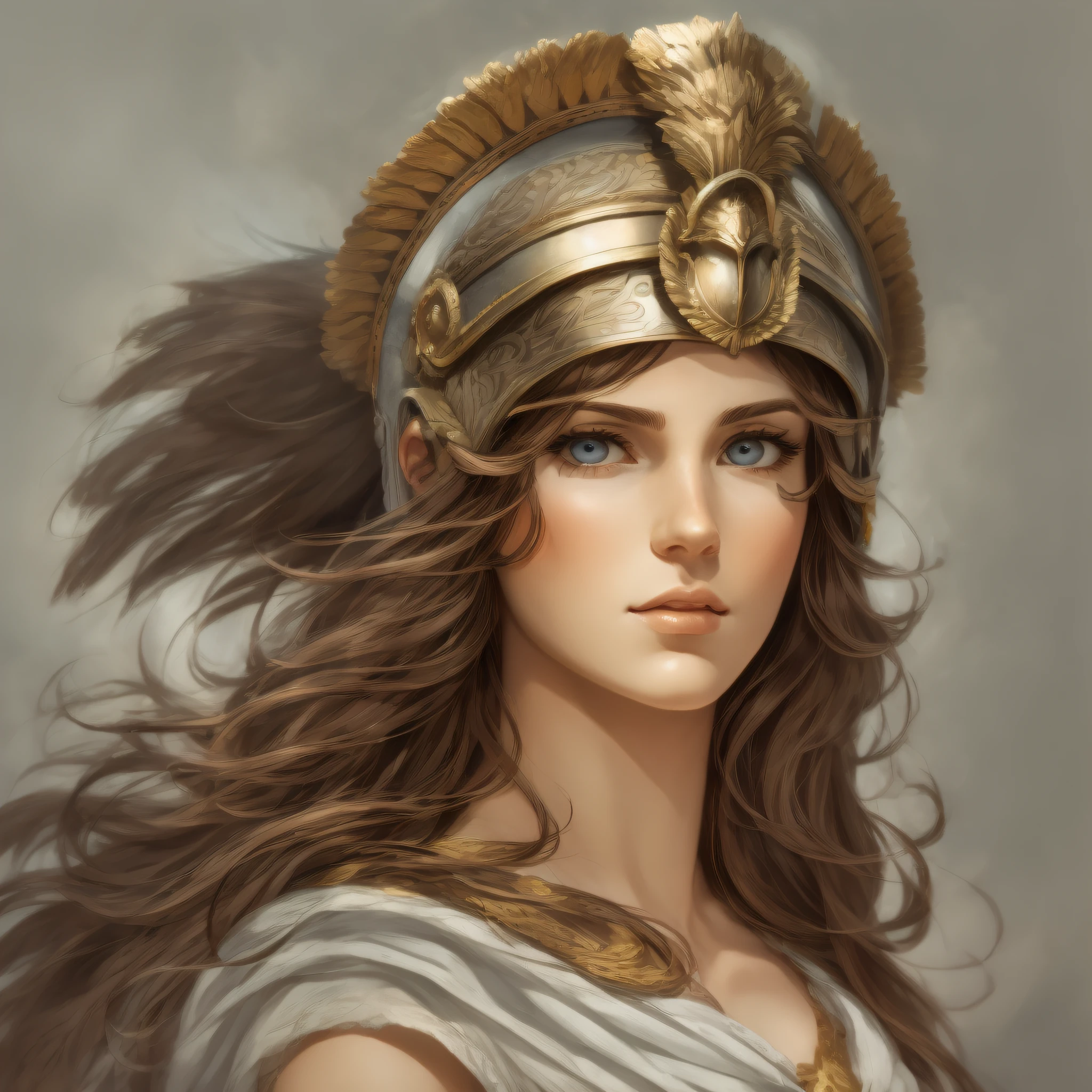 Greek Goddess Athena, brown hair, gray eyes, greek helmet, very beautifyl woman